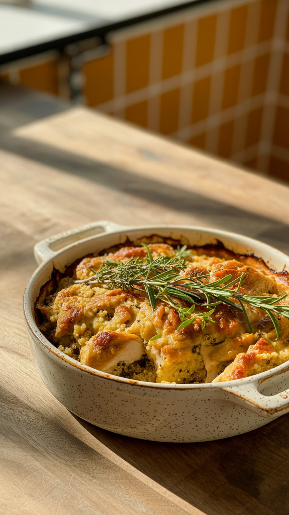 A cheesy chicken and quinoa bake topped with herbs in a baking dish