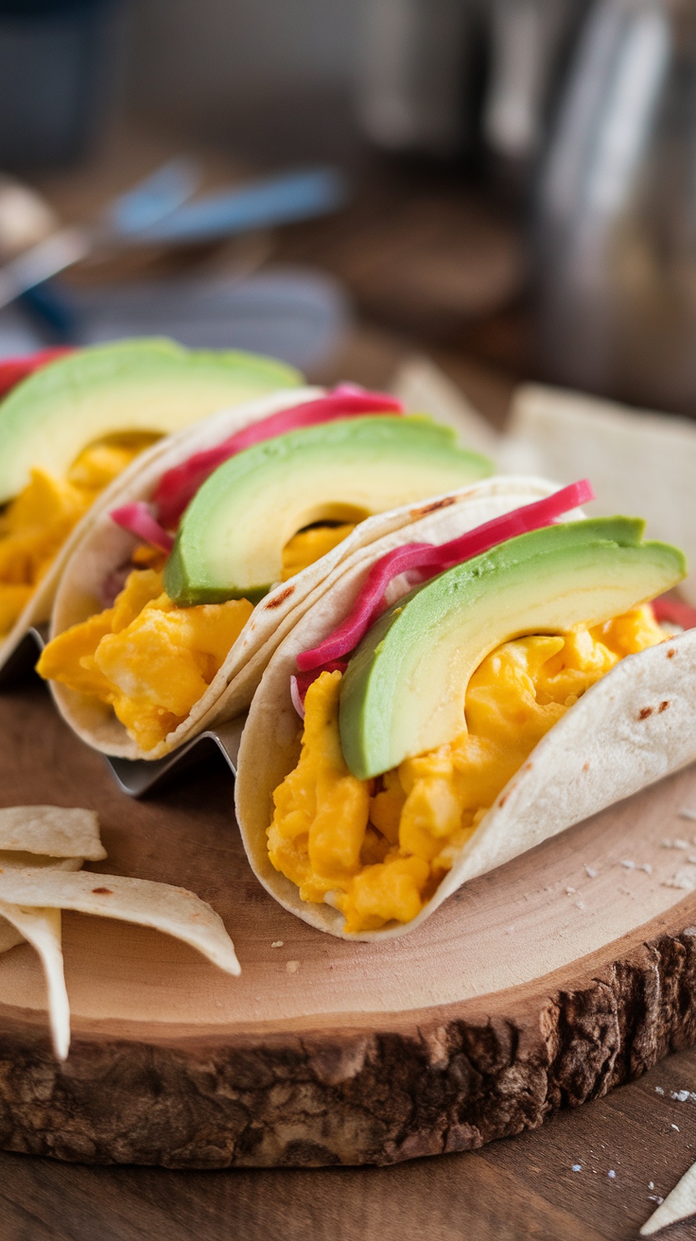 Egg and avocado breakfast tacos on a wooden board