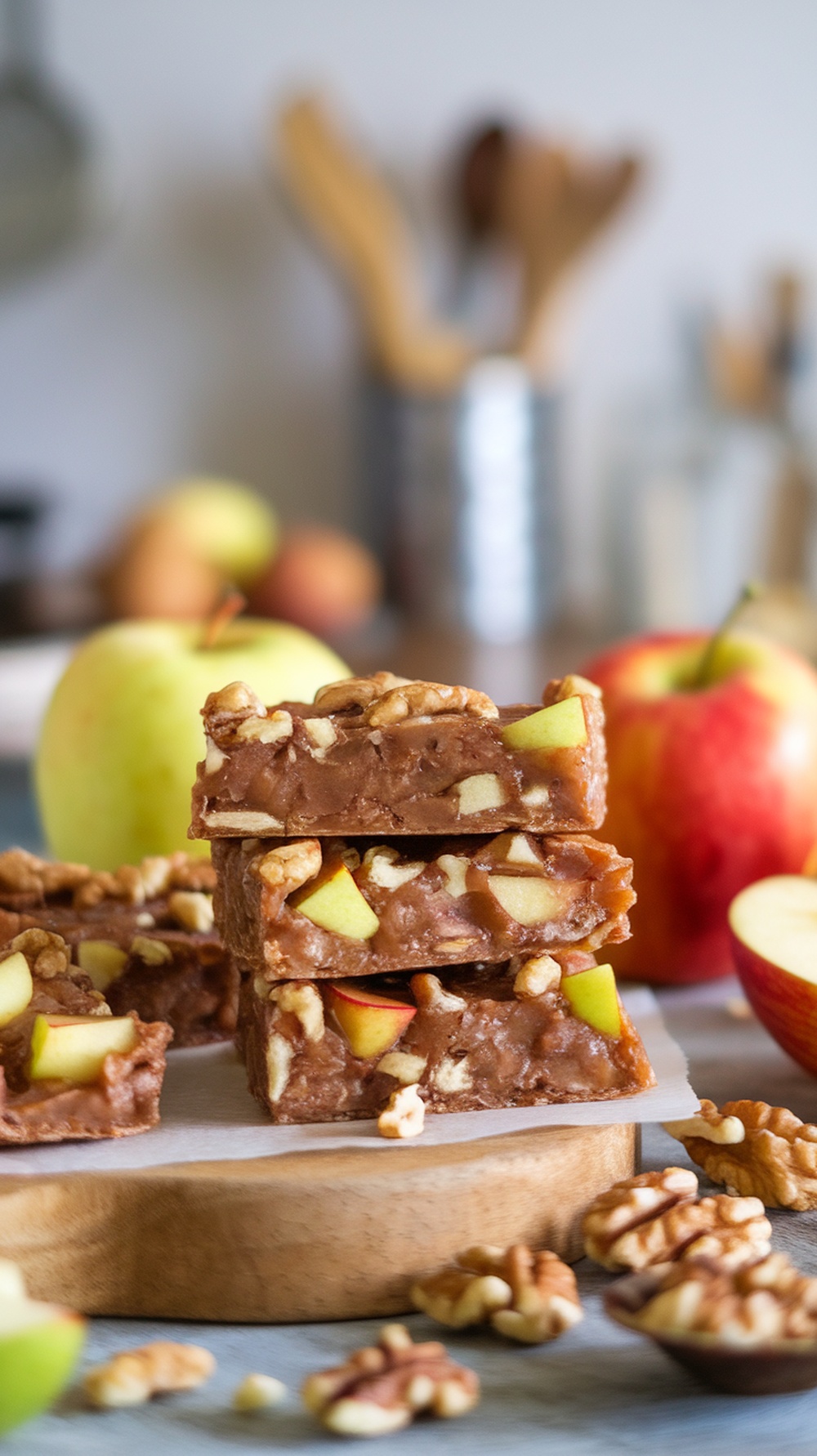 Delicious cinnamon apple walnut bars stacked on a wooden board, surrounded by fresh apples and walnuts.
