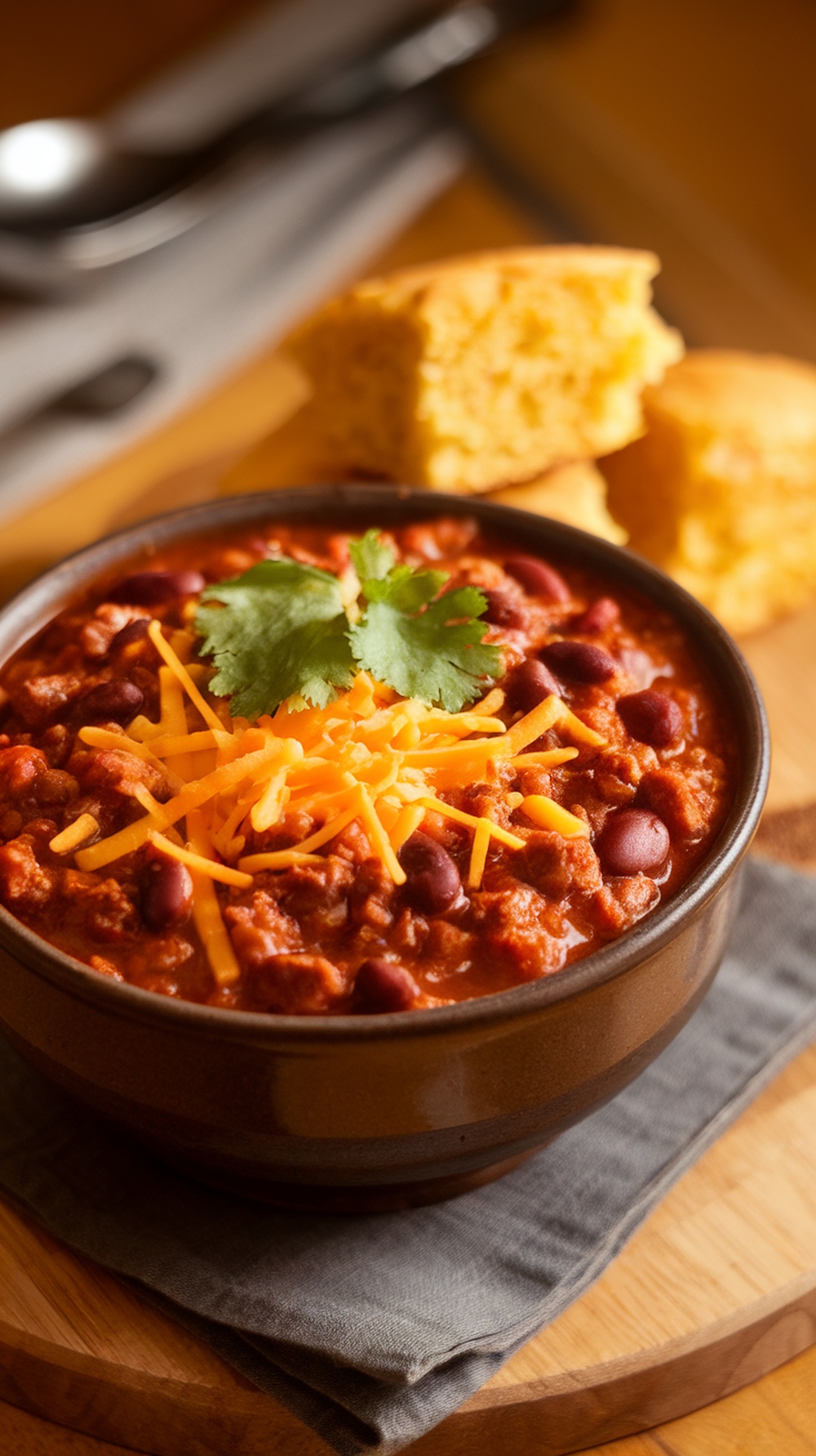 A bowl of beef and bean chili topped with cheese and cilantro, served with cornbread.