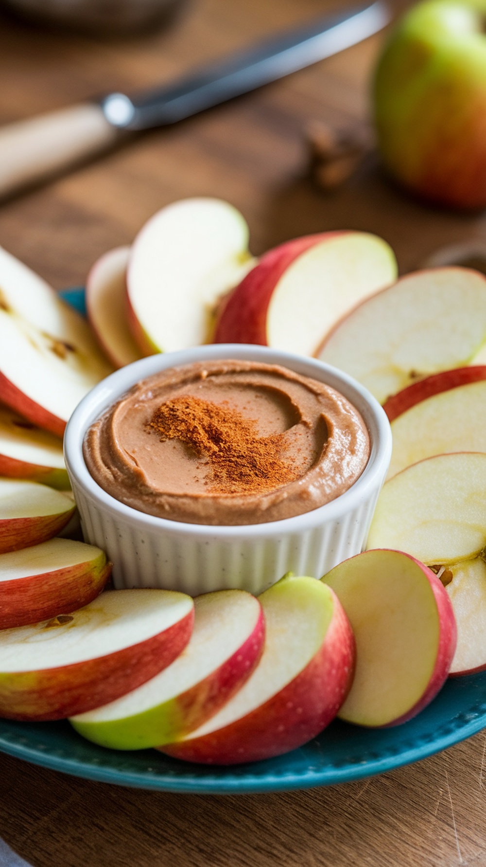 Apple slices arranged around a bowl of almond butter dip, topped with a sprinkle of cinnamon.