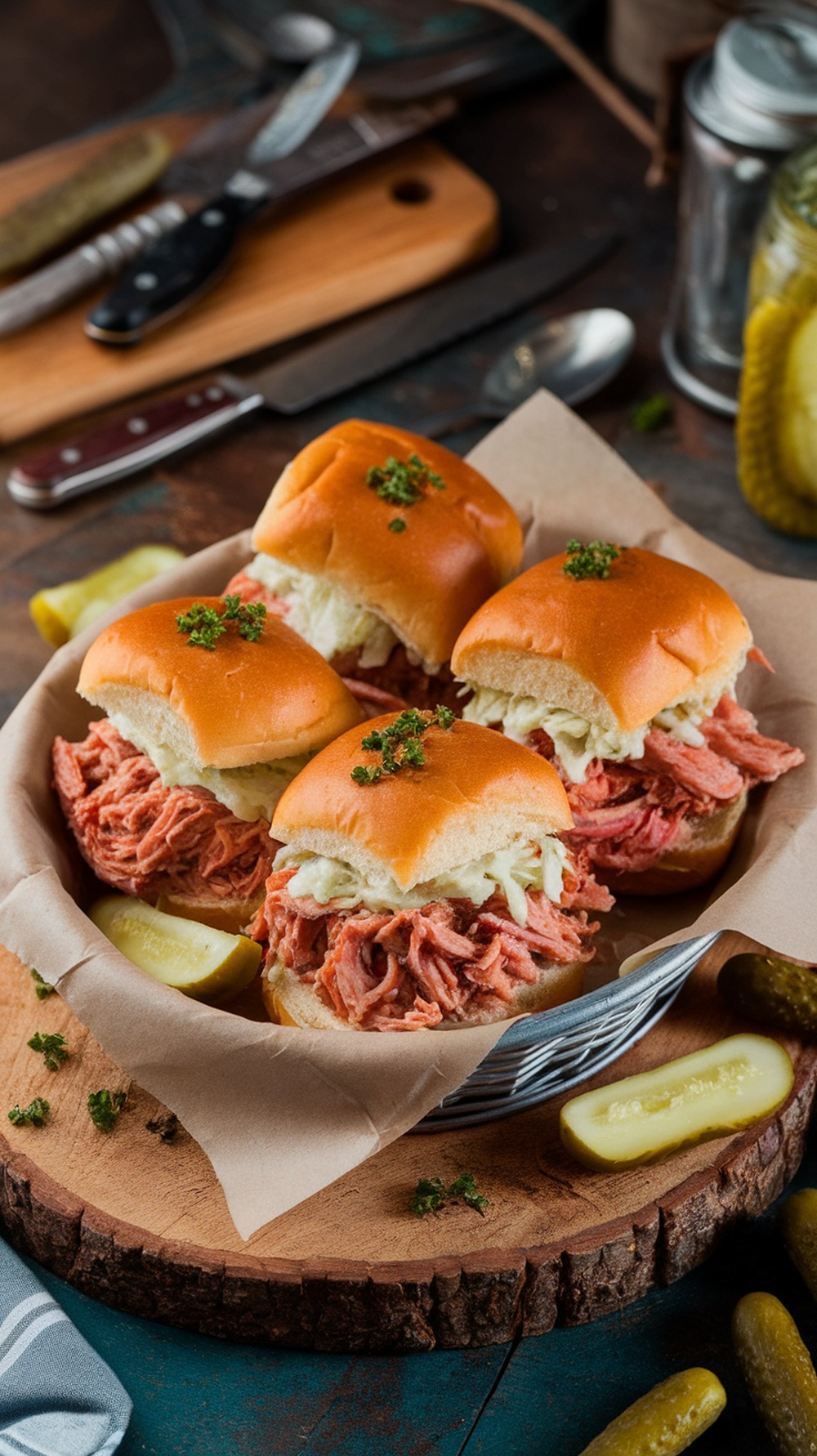 Pulled pork sliders with coleslaw served in a basket
