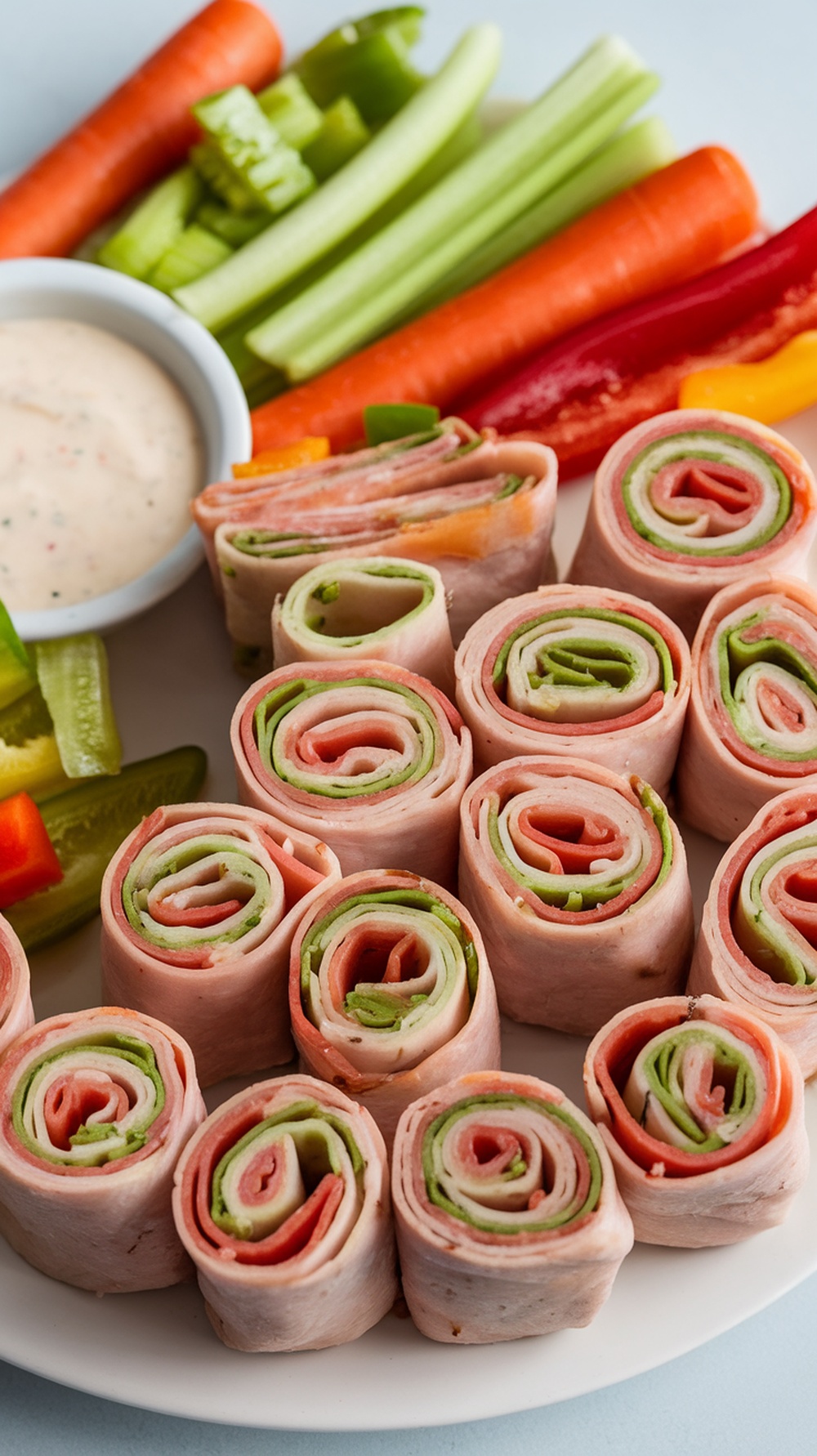 Turkey and cheese roll-ups with fresh veggies and a dip