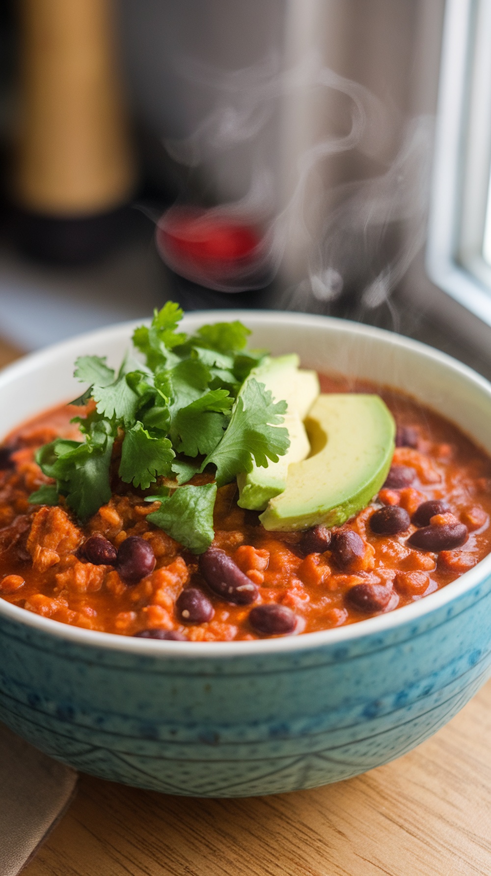 A bowl of spicy turkey and black bean chili topped with cilantro and avocado slices.