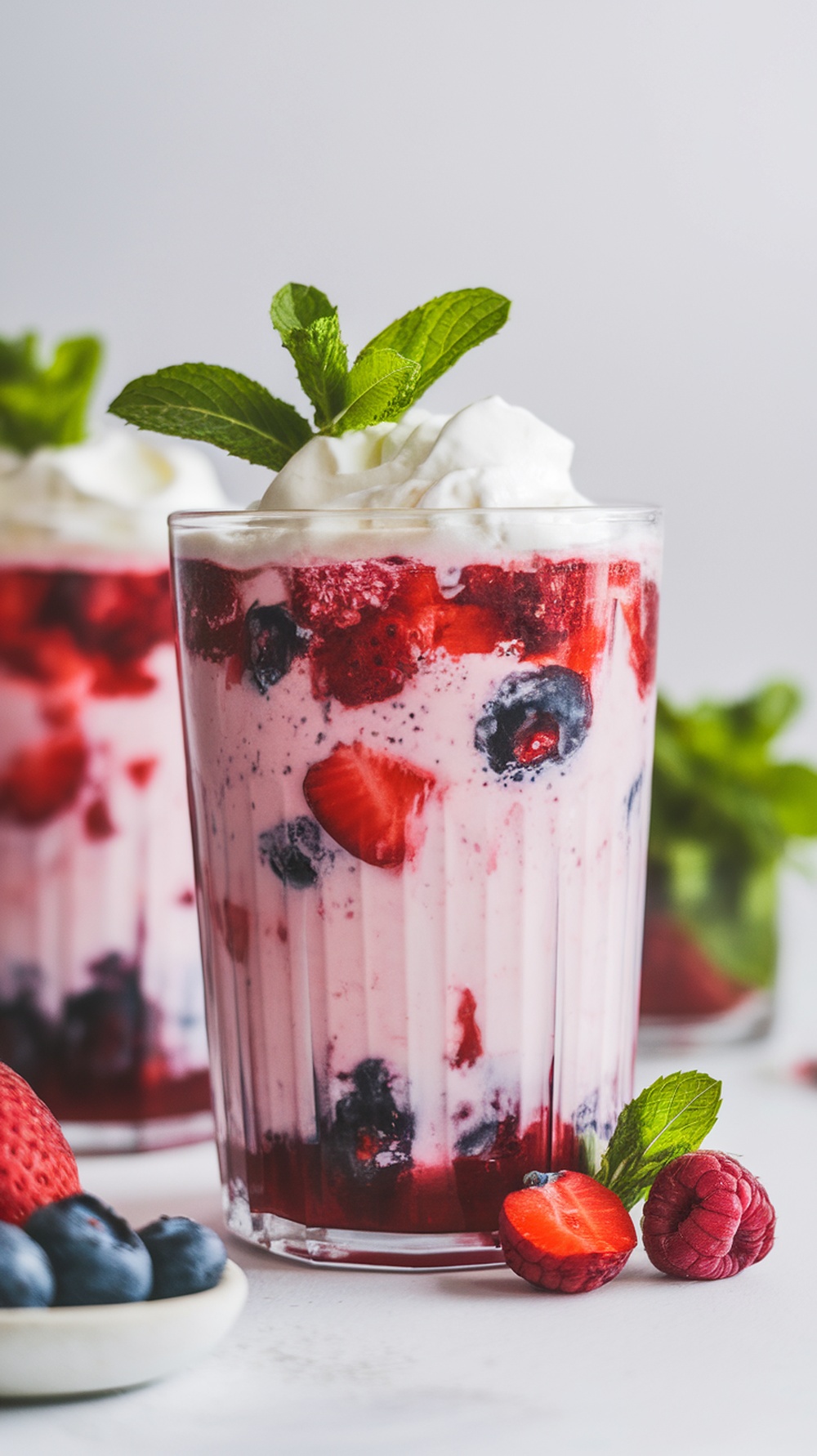A refreshing berry protein drink topped with whipped cream and mint, served in a glass with fresh berries on the side.