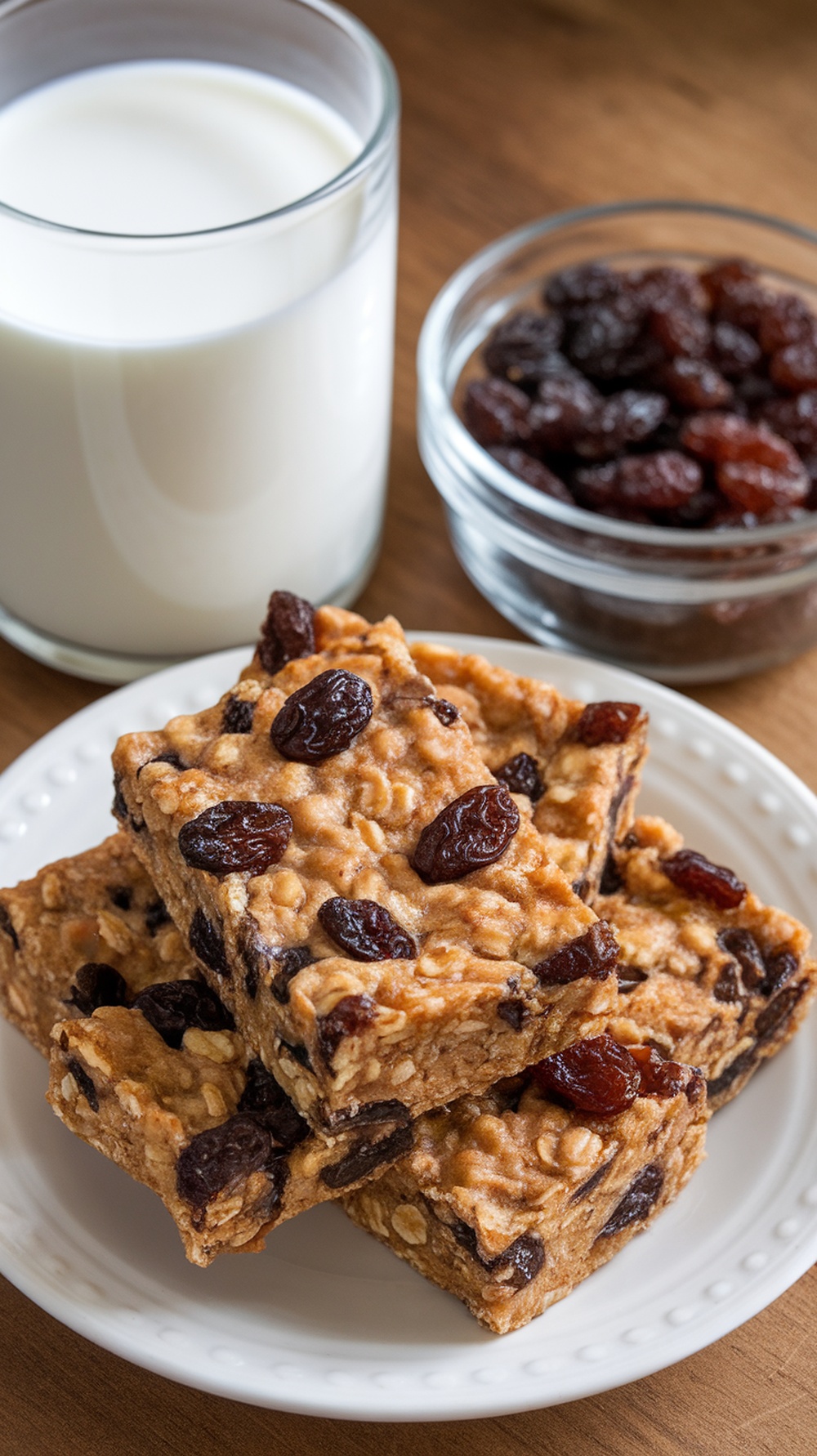 Chewy oatmeal raisin energy bars with a glass of milk and a bowl of raisins