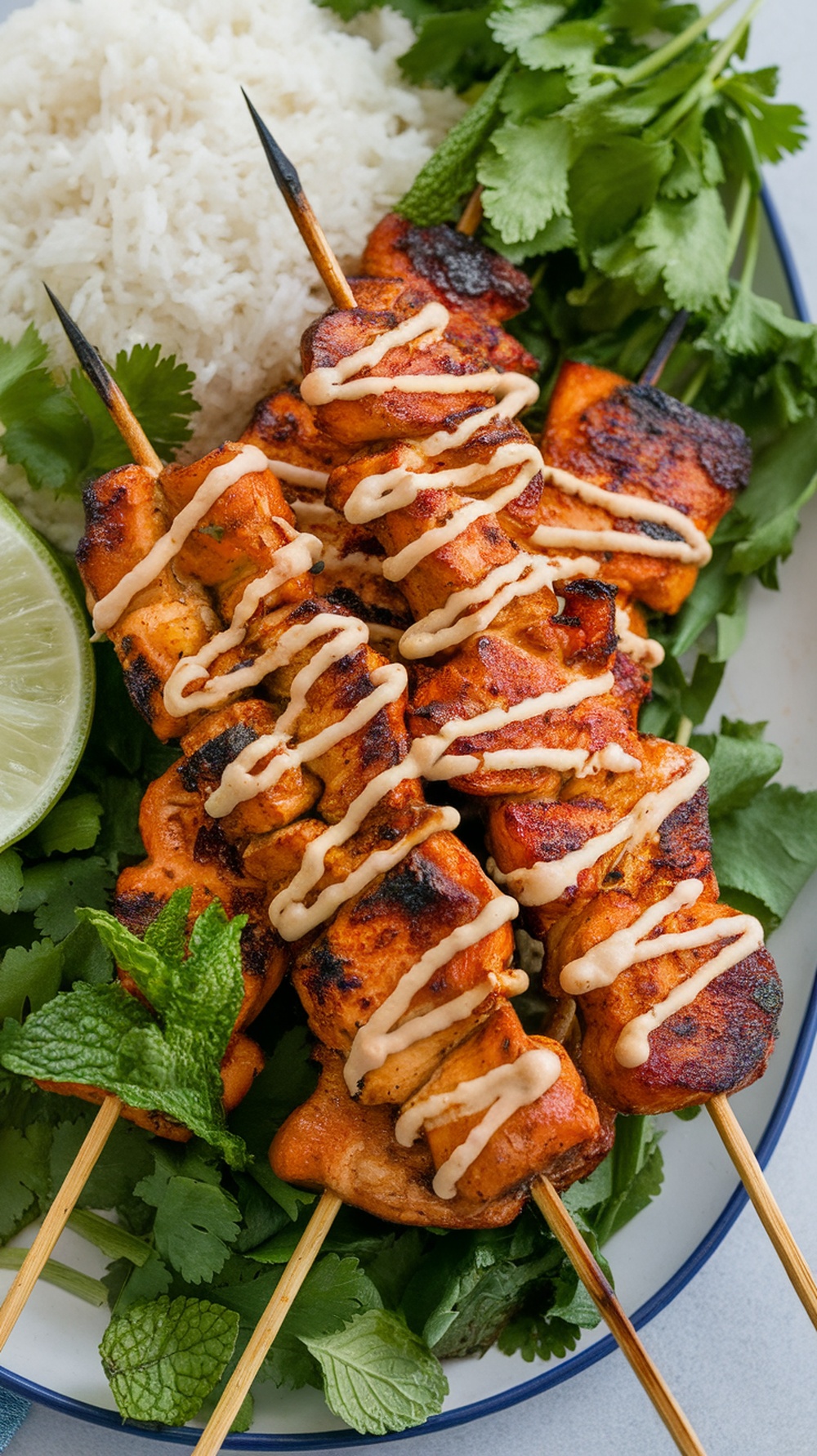 Spicy chicken skewers drizzled with peanut sauce, served with rice and fresh herbs.