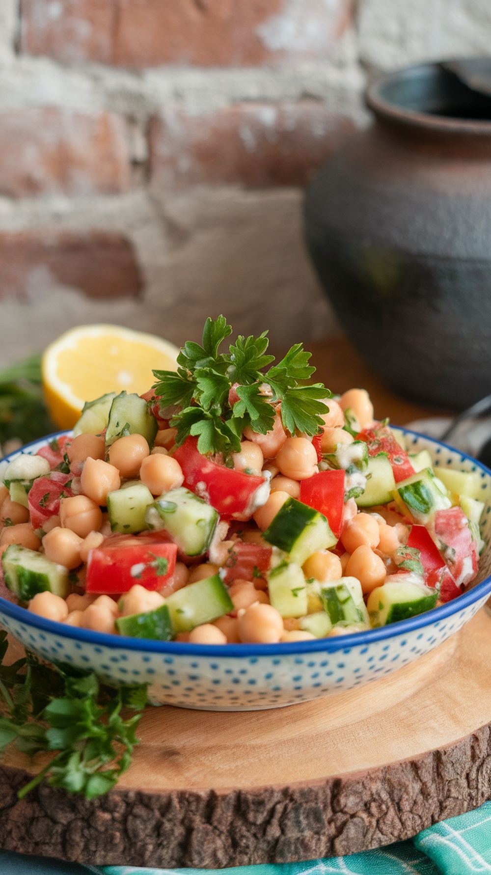 Chickpea salad with cucumbers, tomatoes, and lemon dressing in a bowl
