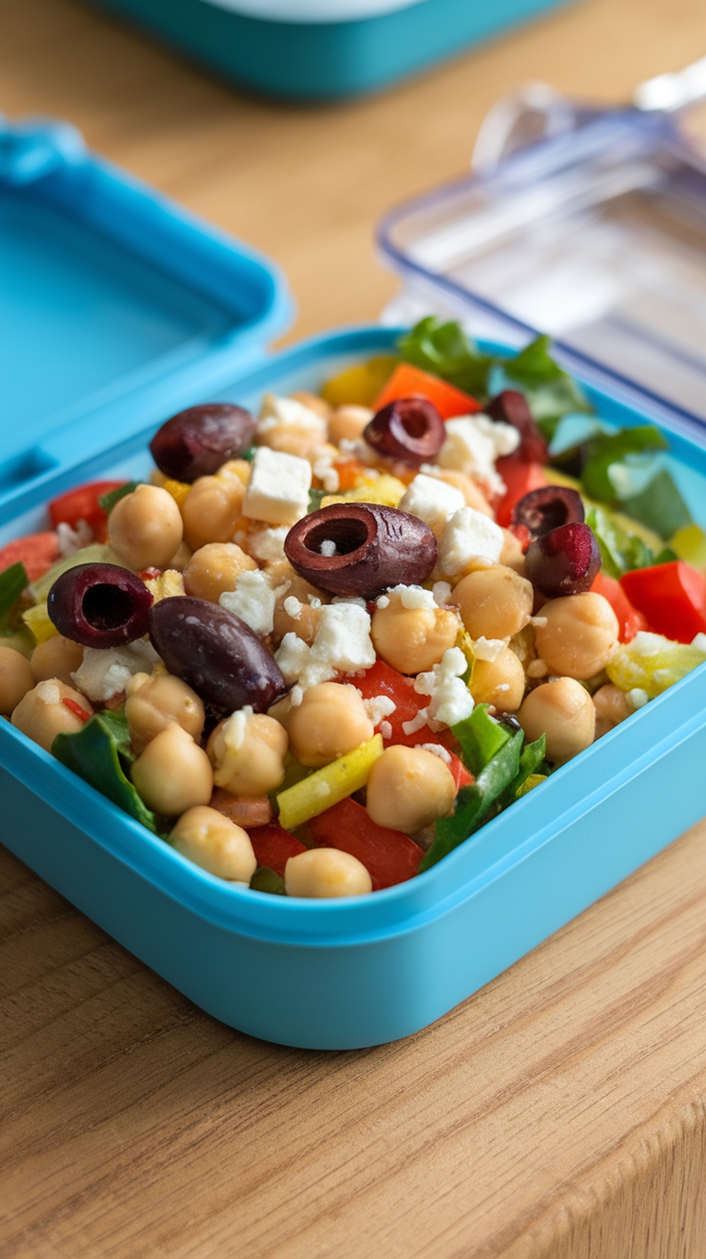 A colorful Mediterranean chickpea salad in a blue lunch container.