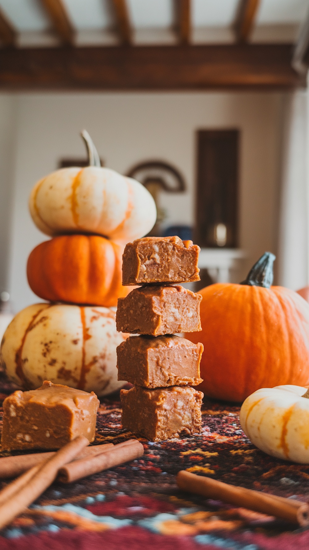 Pumpkin spice protein treats stacked with pumpkins in the background
