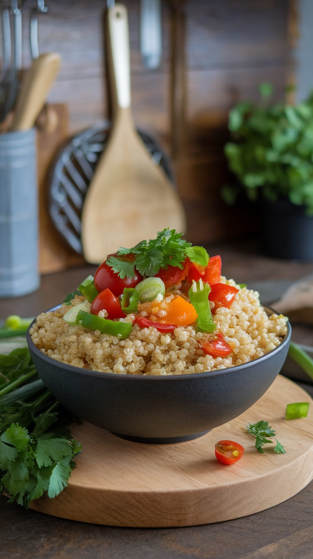 A bowl of quinoa topped with diced bell peppers, cherry tomatoes, and cilantro.