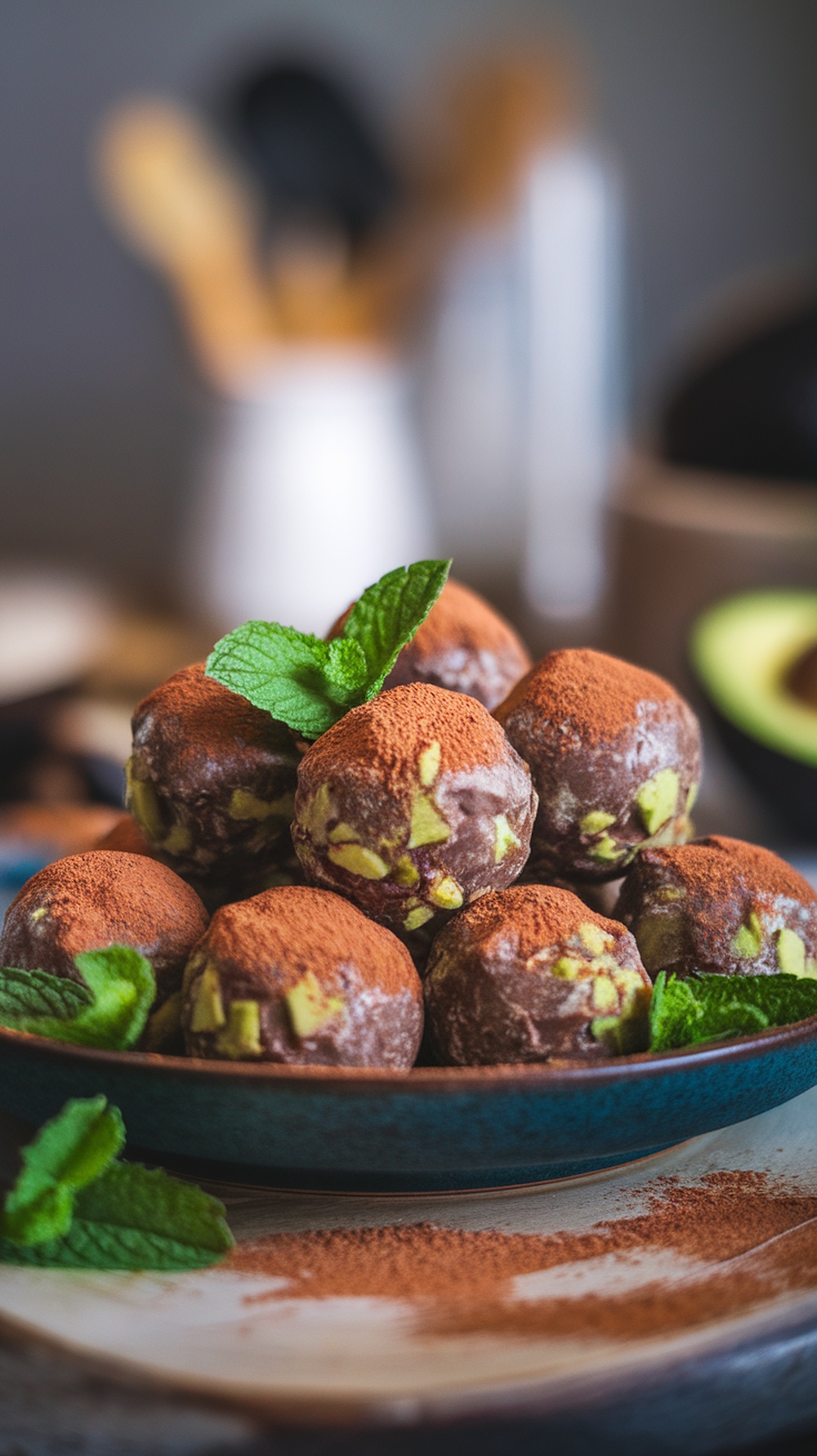 A plate of chocolate avocado protein balls garnished with mint leaves.