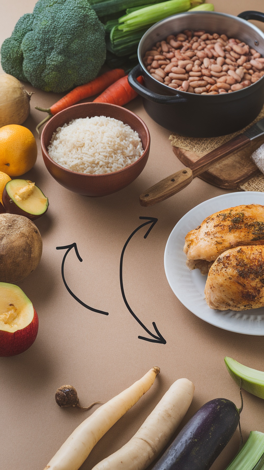 A variety of fresh vegetables, grains, and beans arranged on a table, illustrating healthy food combinations.