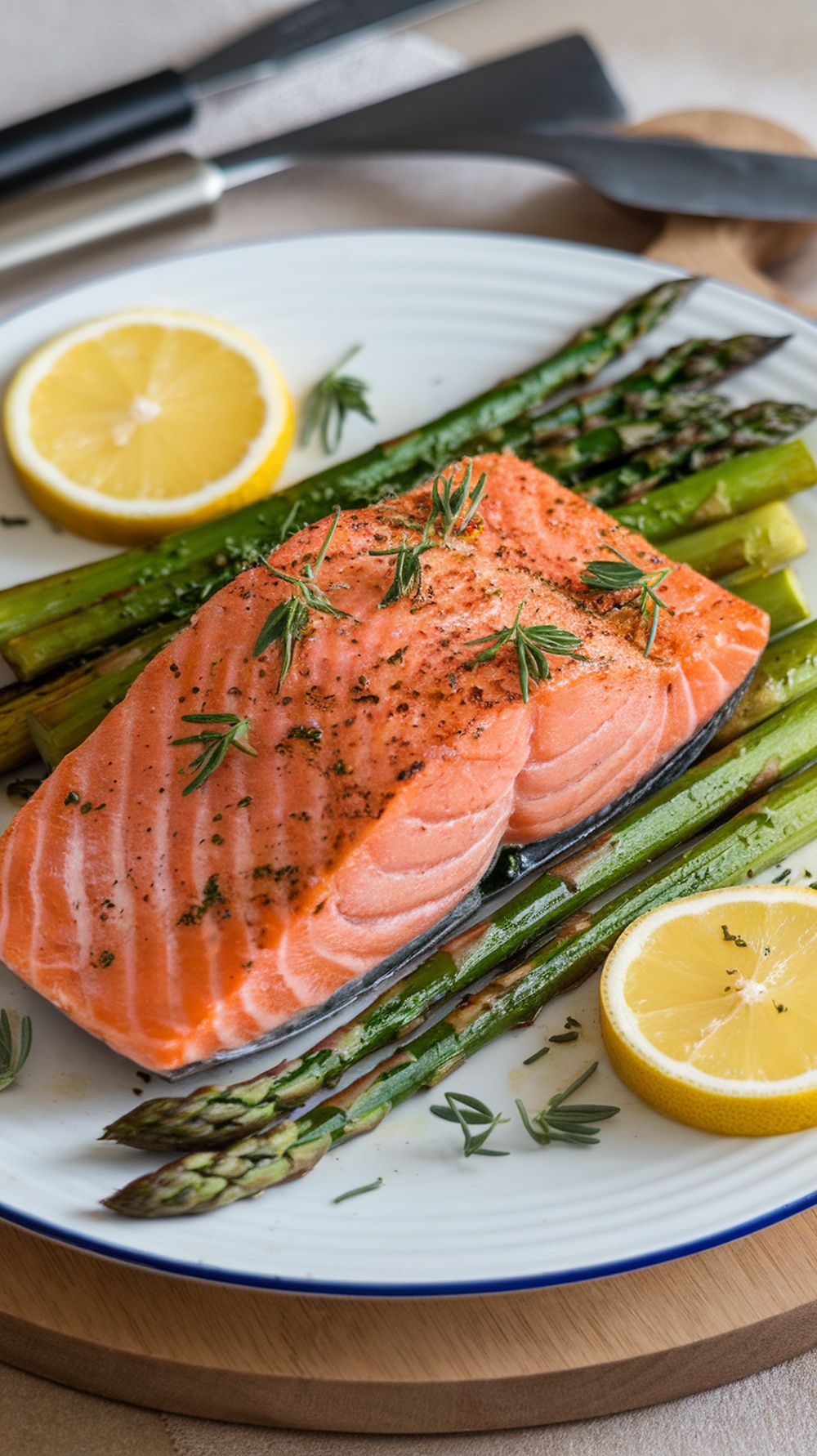 A plate of baked salmon with asparagus and lemon slices