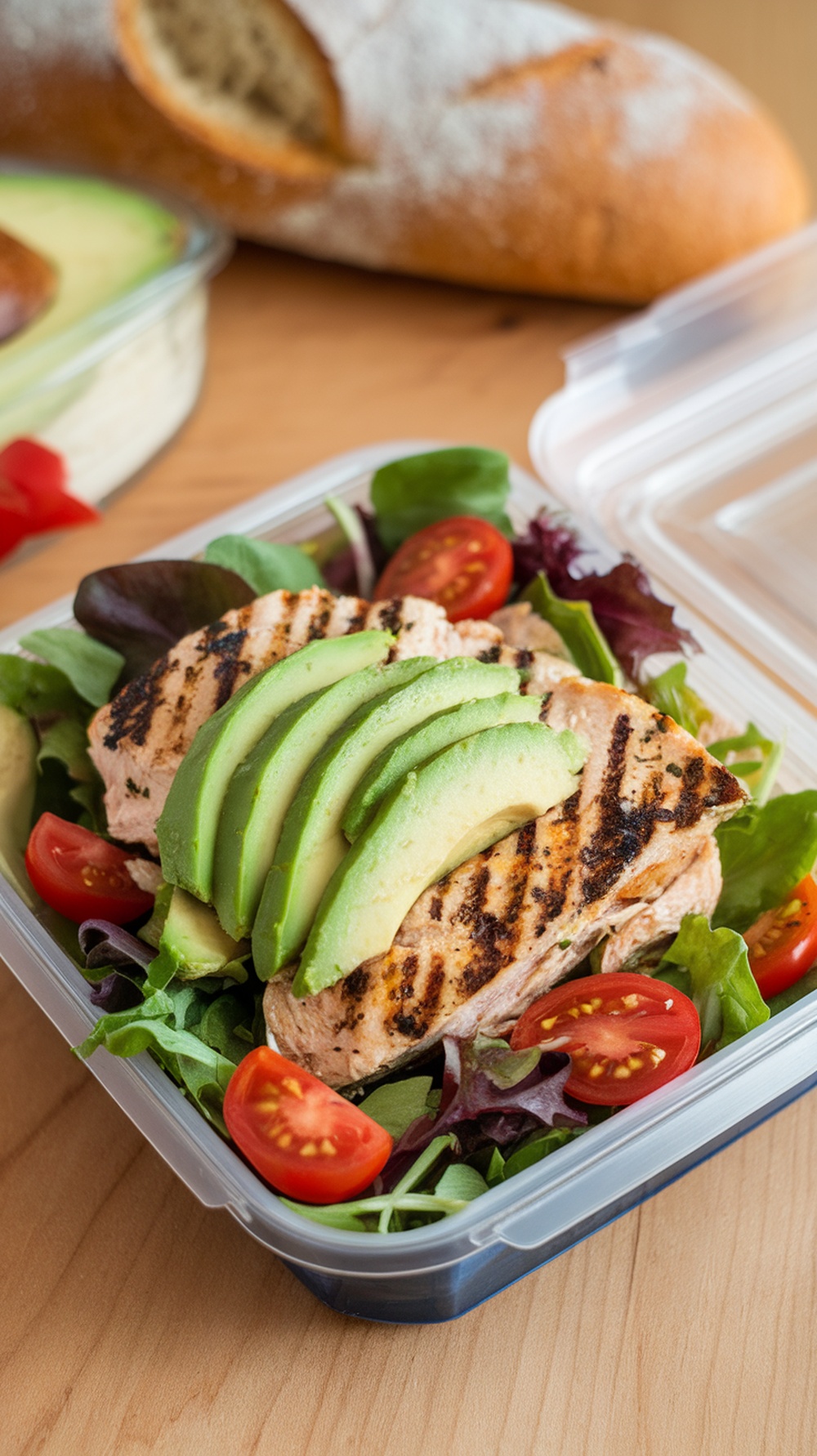 A delicious grilled chicken salad with avocado, cherry tomatoes, and mixed greens in a lunch container.