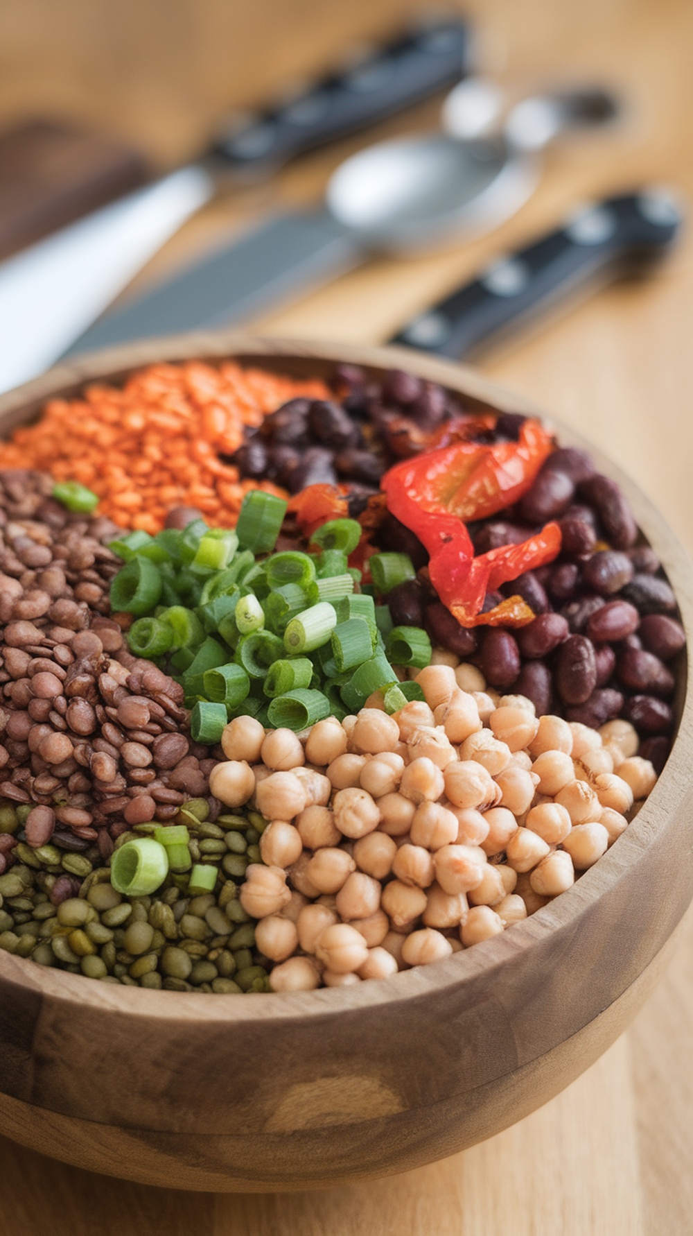 A wooden bowl filled with various legumes including lentils, chickpeas, and beans, garnished with green onions and dried tomatoes.