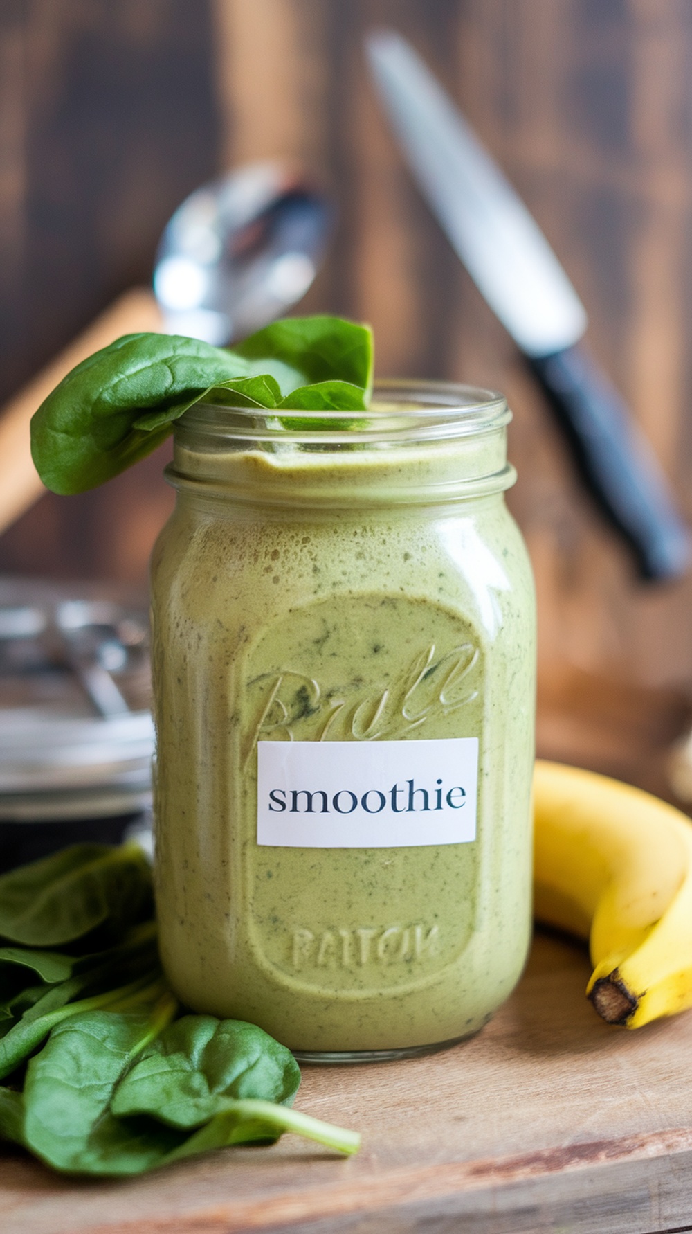 A green smoothie in a jar with spinach leaves and a banana beside it.