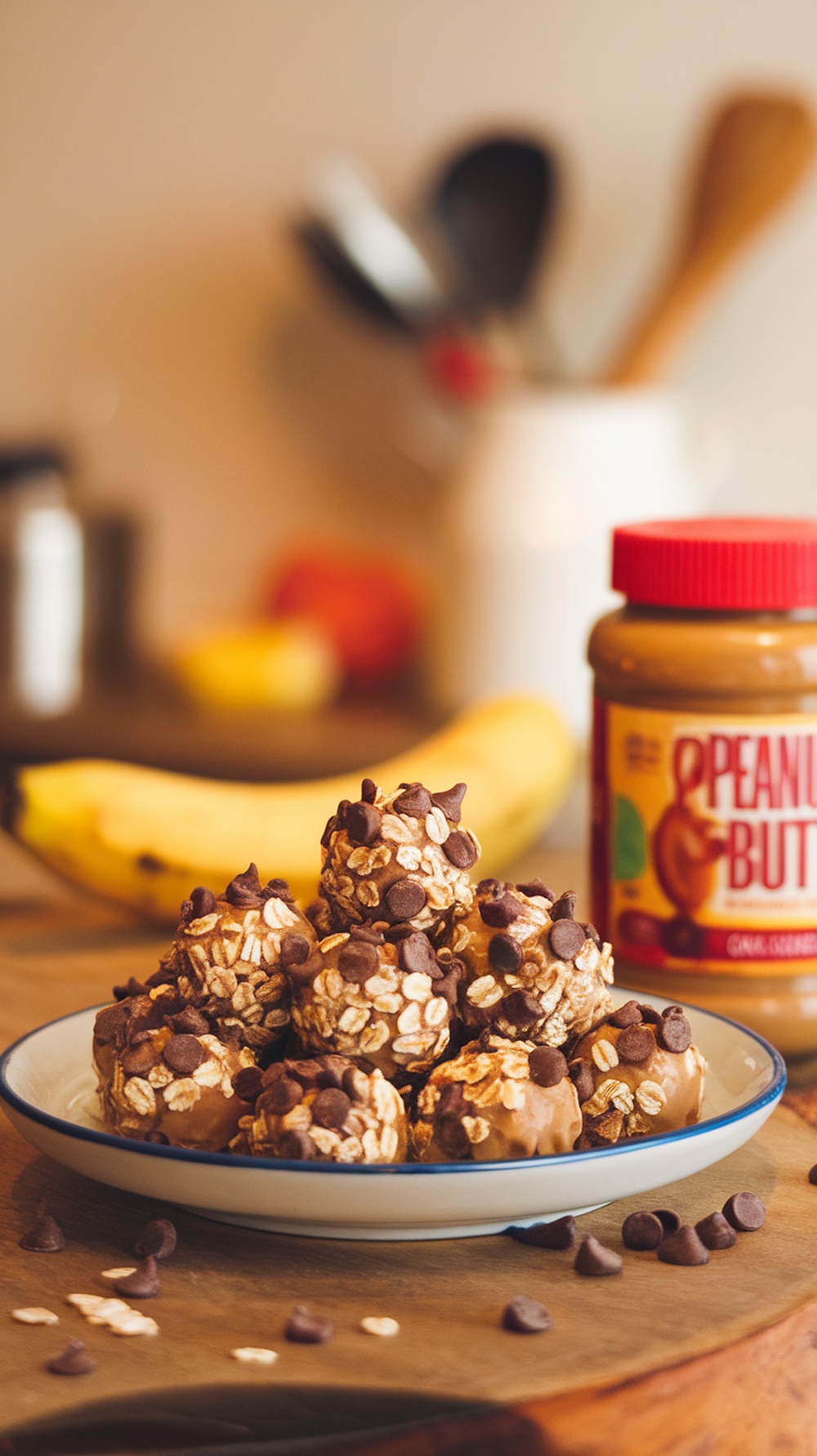 A plate of peanut butter banana energy bites topped with chocolate chips, with a jar of peanut butter and bananas in the background.