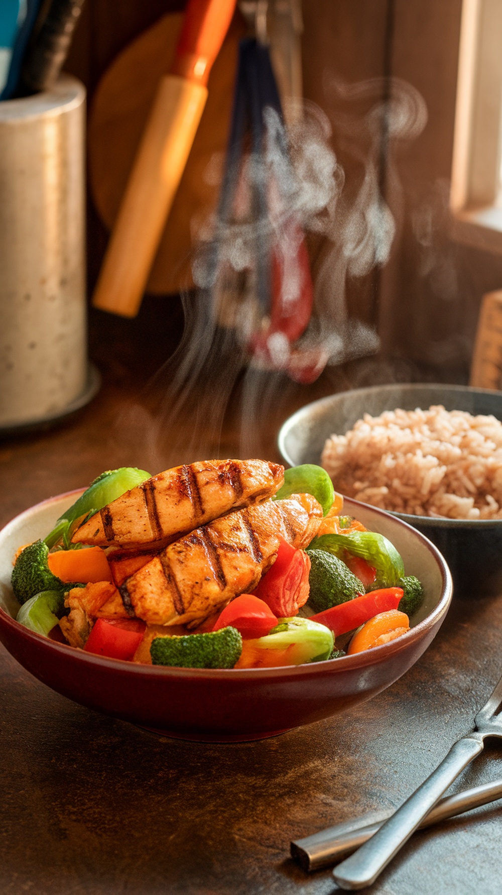 A bowl of grilled chicken and vegetable stir-fry with rice, showcasing vibrant colors and steam.