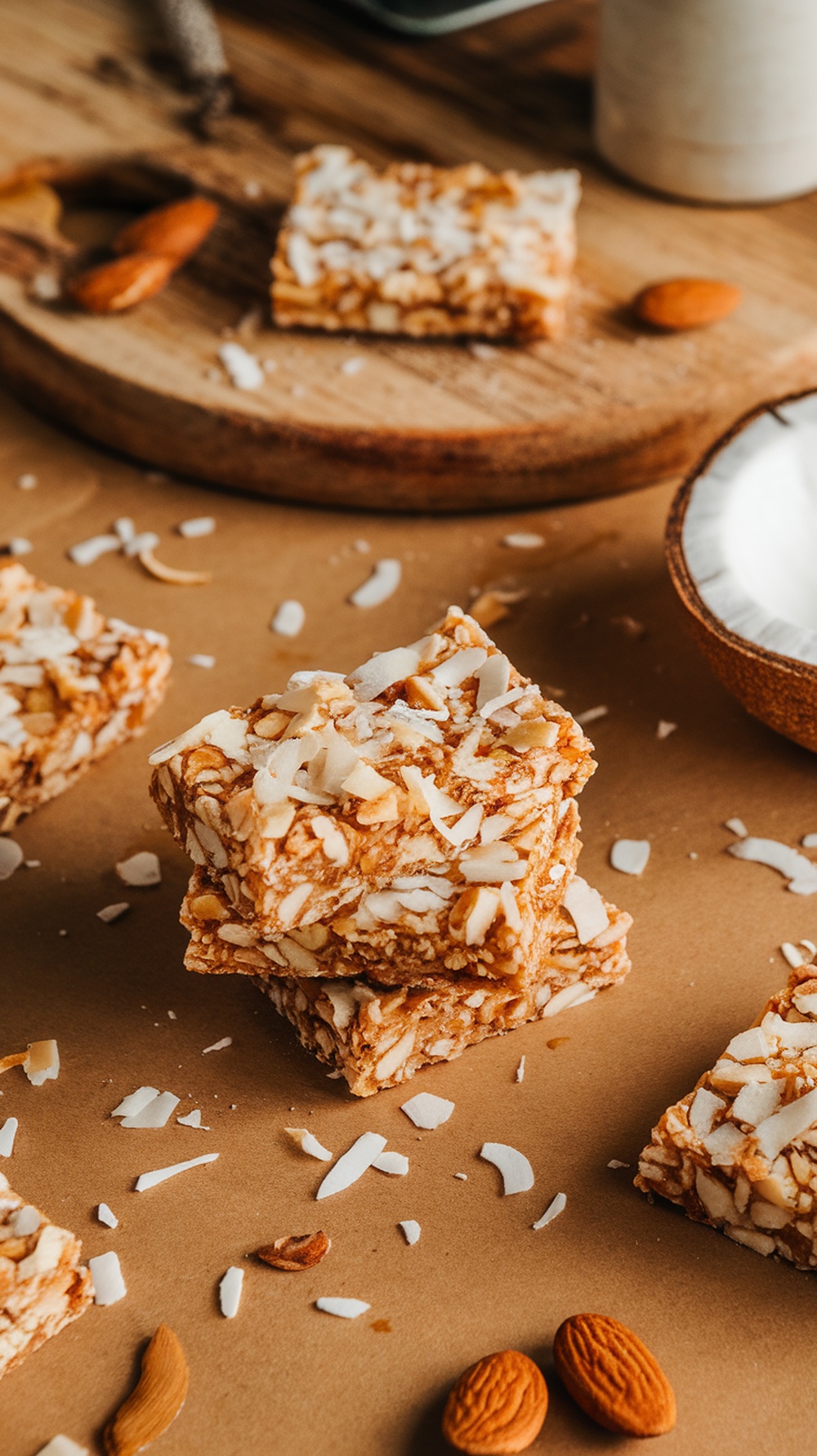 Coconut Almond Crunch Bars stacked on a wooden surface with almonds and coconut flakes scattered around.