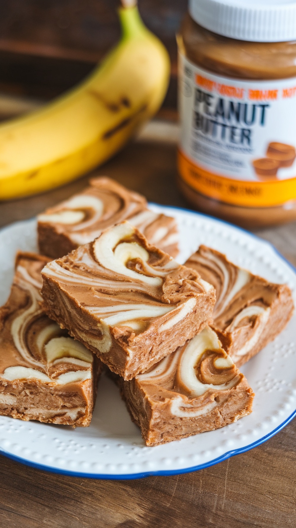 Peanut Butter Banana Swirl Bars on a plate with a banana and peanut butter jar in the background
