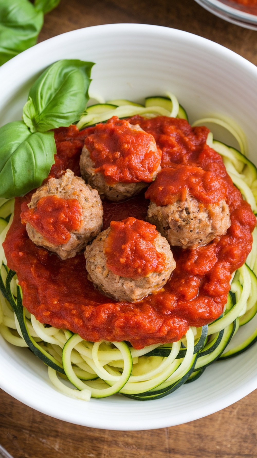 A bowl of zucchini noodles topped with turkey meatballs and marinara sauce, garnished with fresh basil.