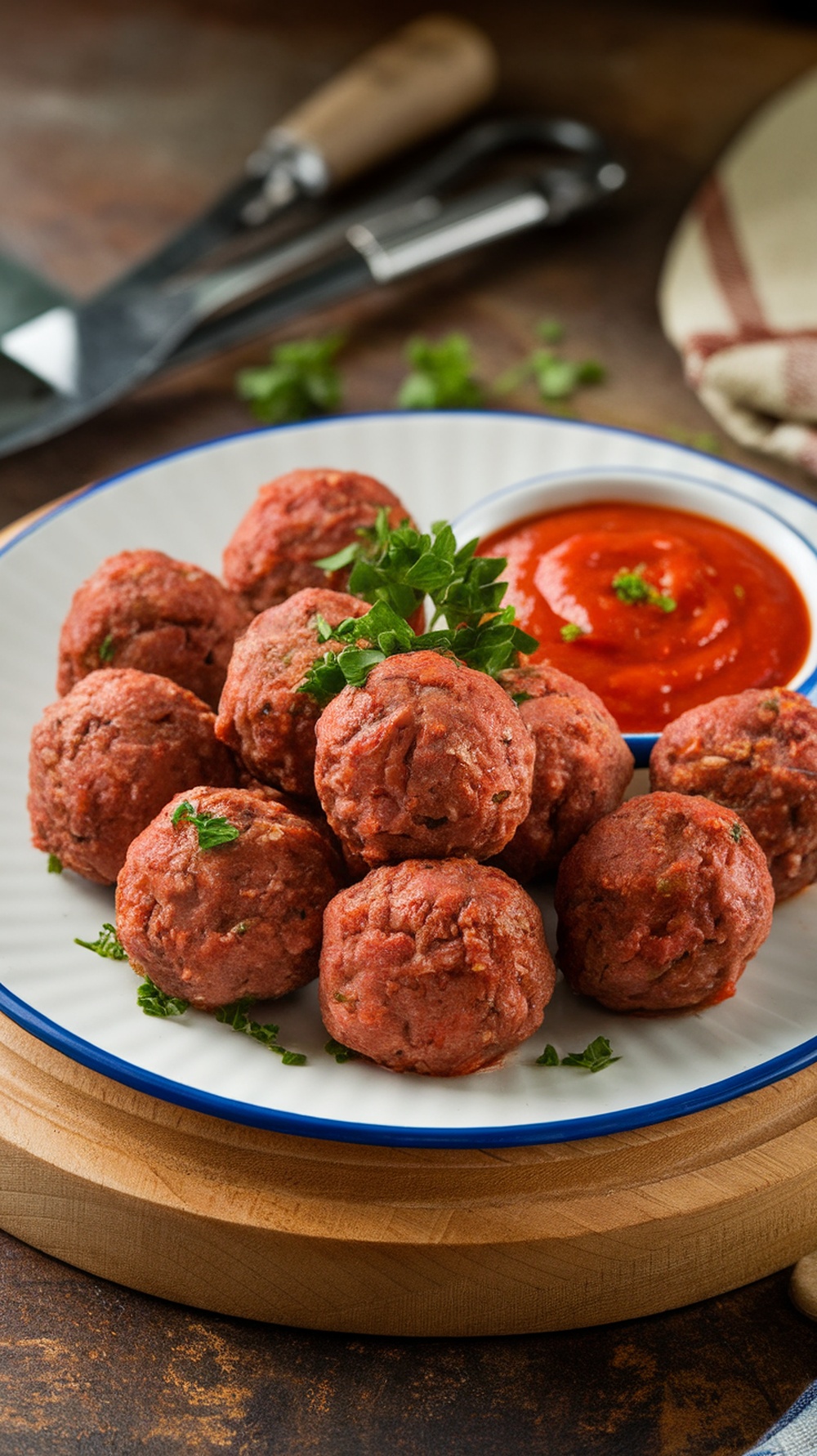 A plate of mini beef meatballs with marinara sauce