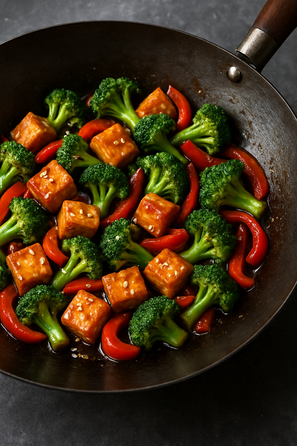 A colorful tofu stir-fry with broccoli and red bell peppers in a frying pan.