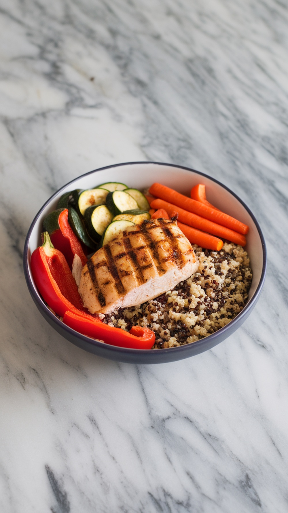 A colorful bowl of grilled chicken, quinoa, and roasted vegetables.