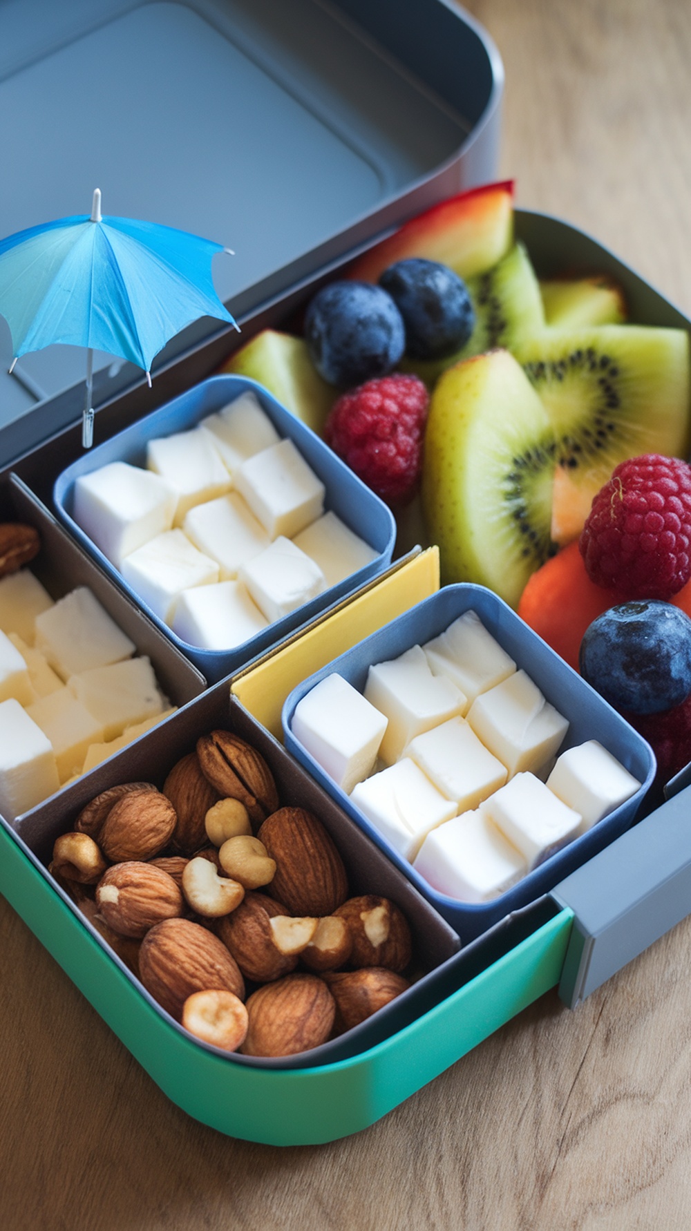 A bento box filled with cheese cubes, nuts, and fresh fruits.