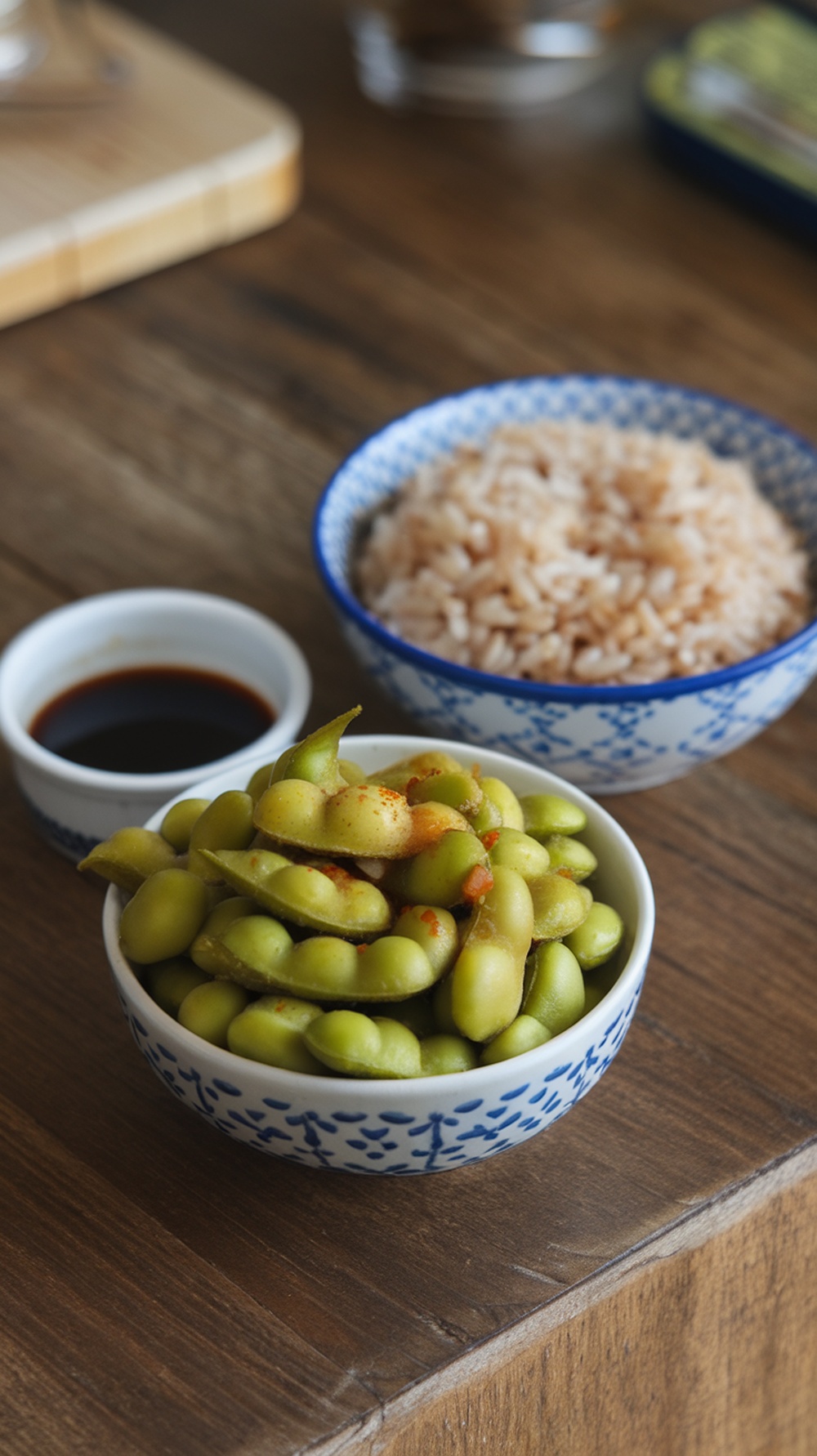 A bowl of spicy edamame next to a bowl of brown rice and a small dish of soy sauce.
