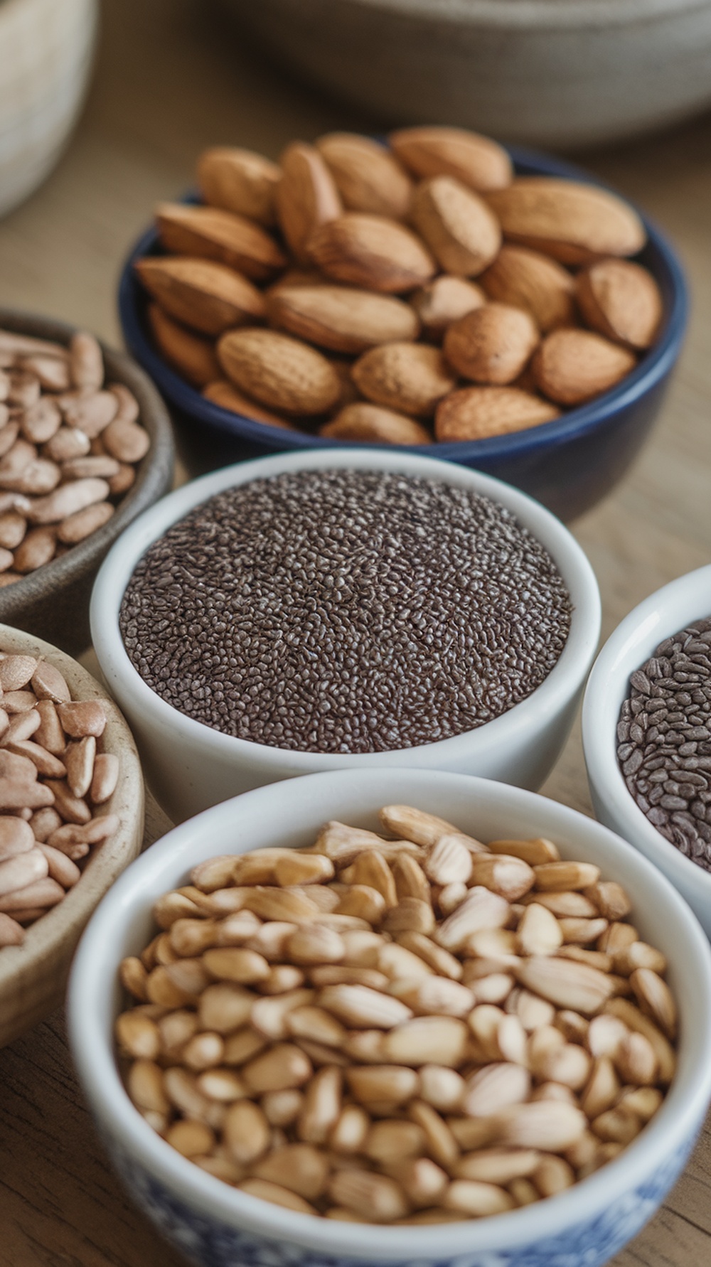 A variety of nuts and seeds in bowls, showcasing almonds, chia seeds, sunflower seeds, and pumpkin seeds.