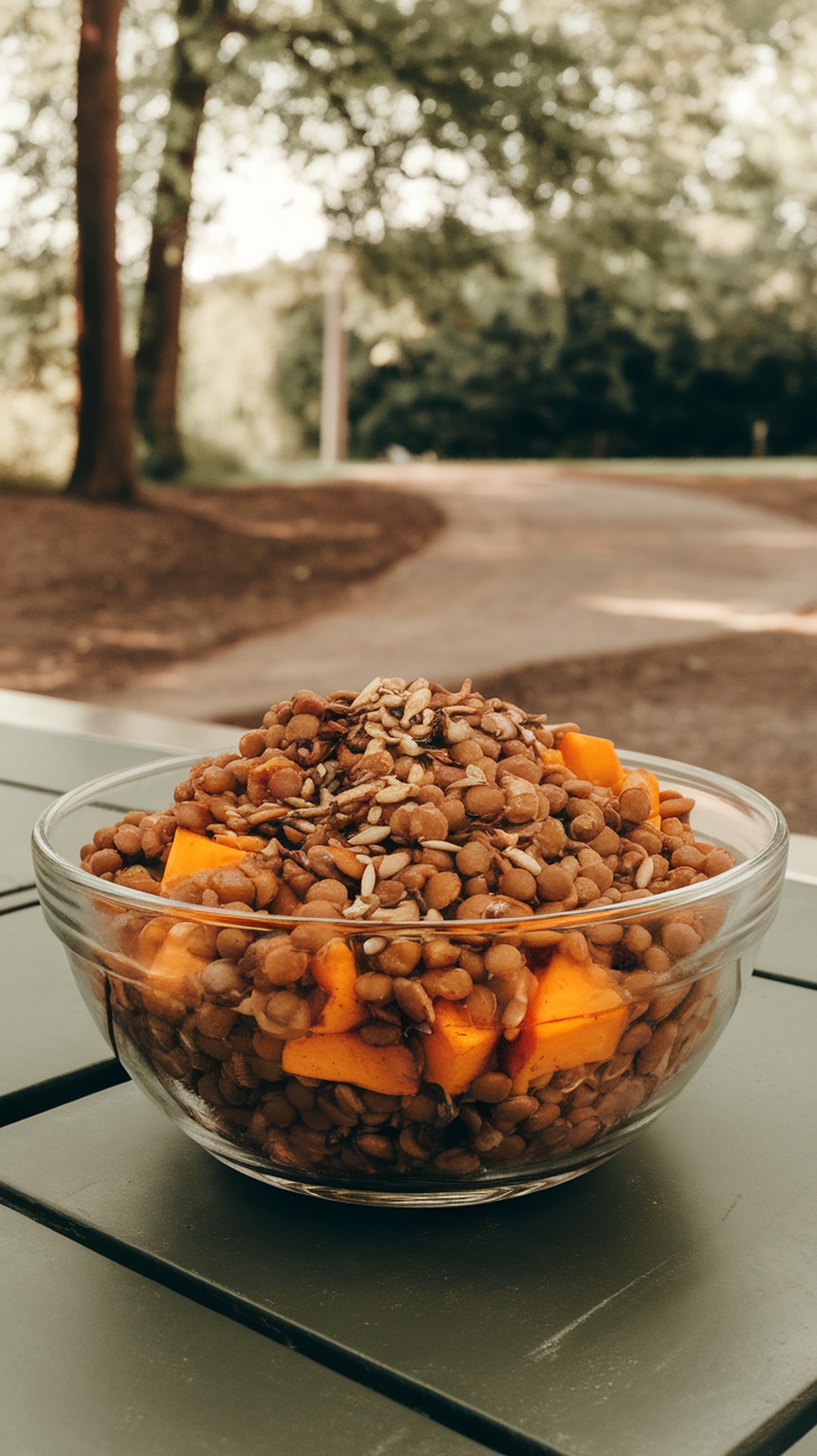 A bowl of lentil and sweet potato salad with sunflower seeds, set outdoors.