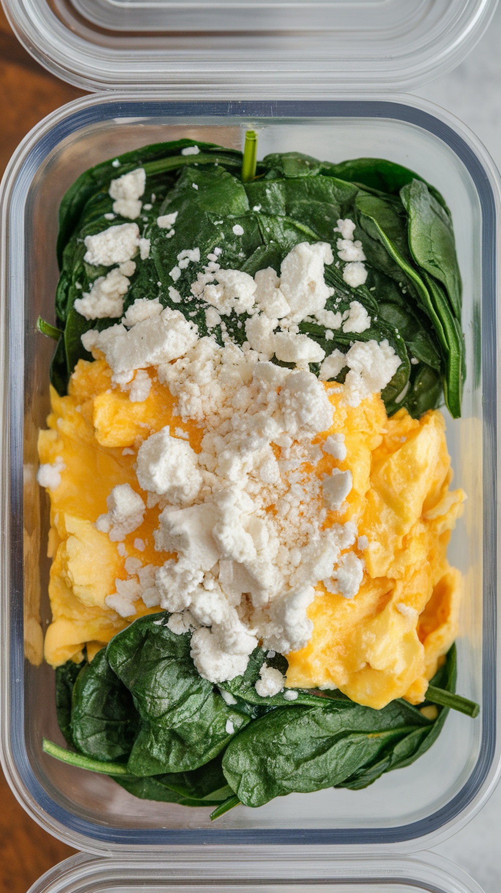 A healthy egg and spinach breakfast bowl with feta cheese.