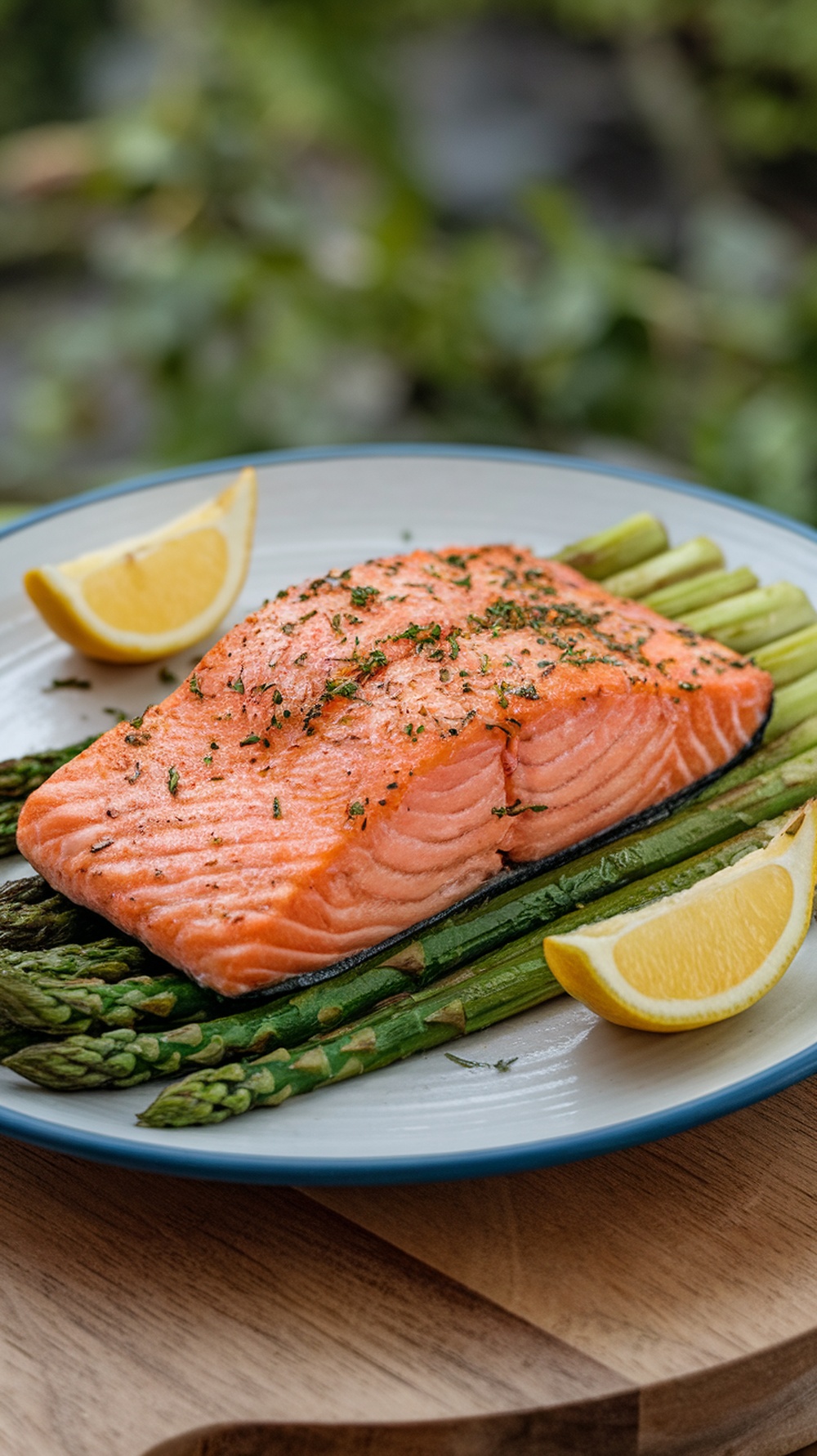 Baked salmon fillet served with asparagus and lemon slices on a plate.
