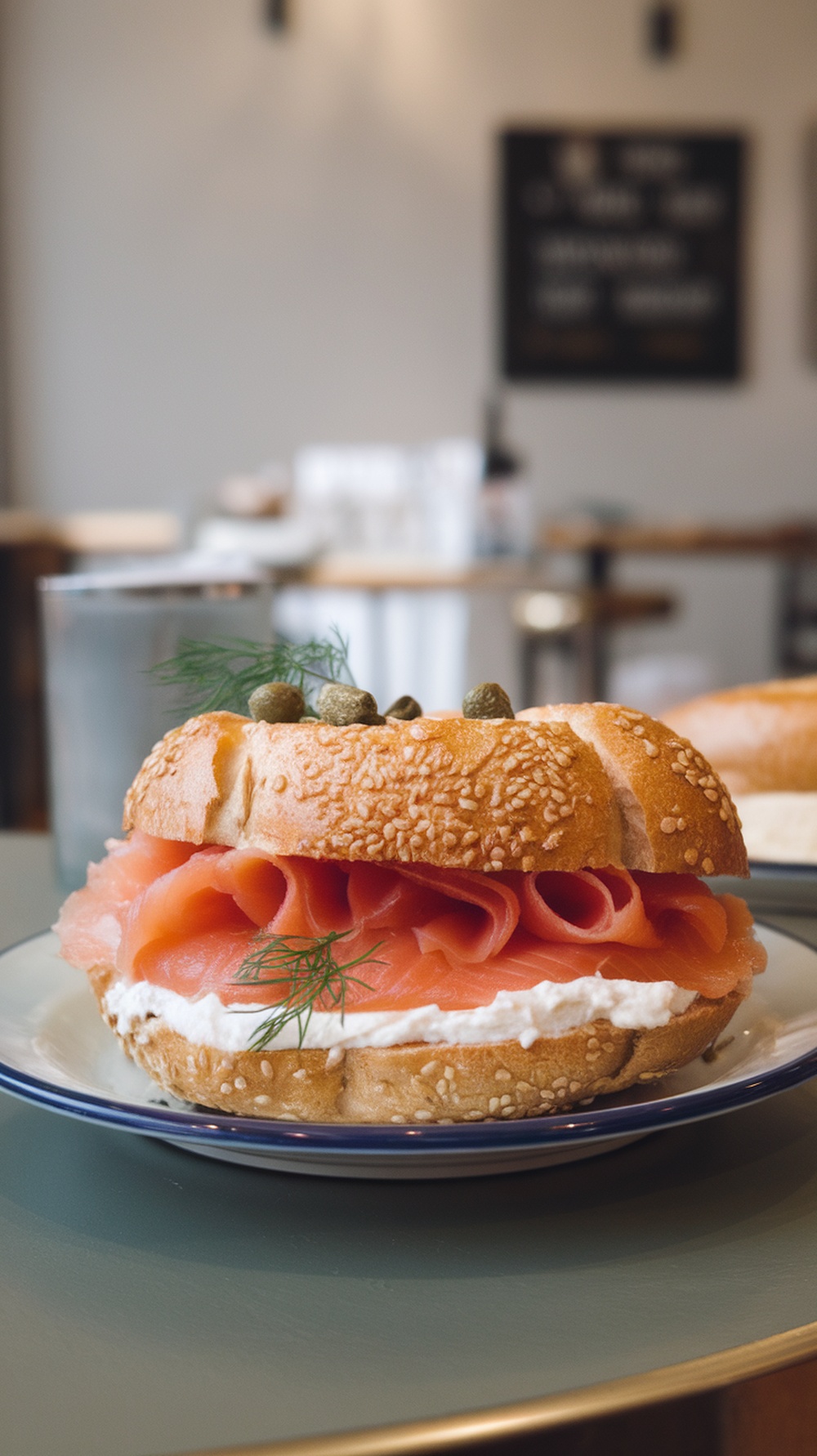 A smoked salmon and cream cheese bagel with capers and dill on a plate.