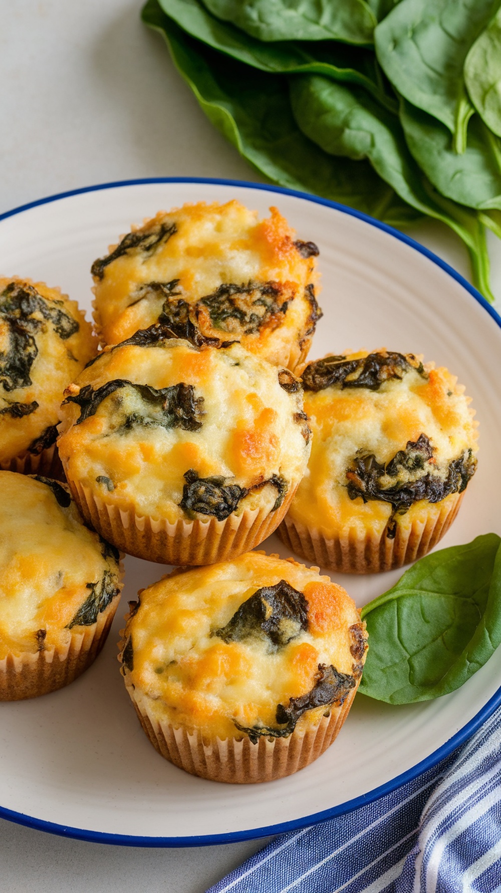 Cheesy Spinach and Egg Muffins on a plate with fresh spinach leaves
