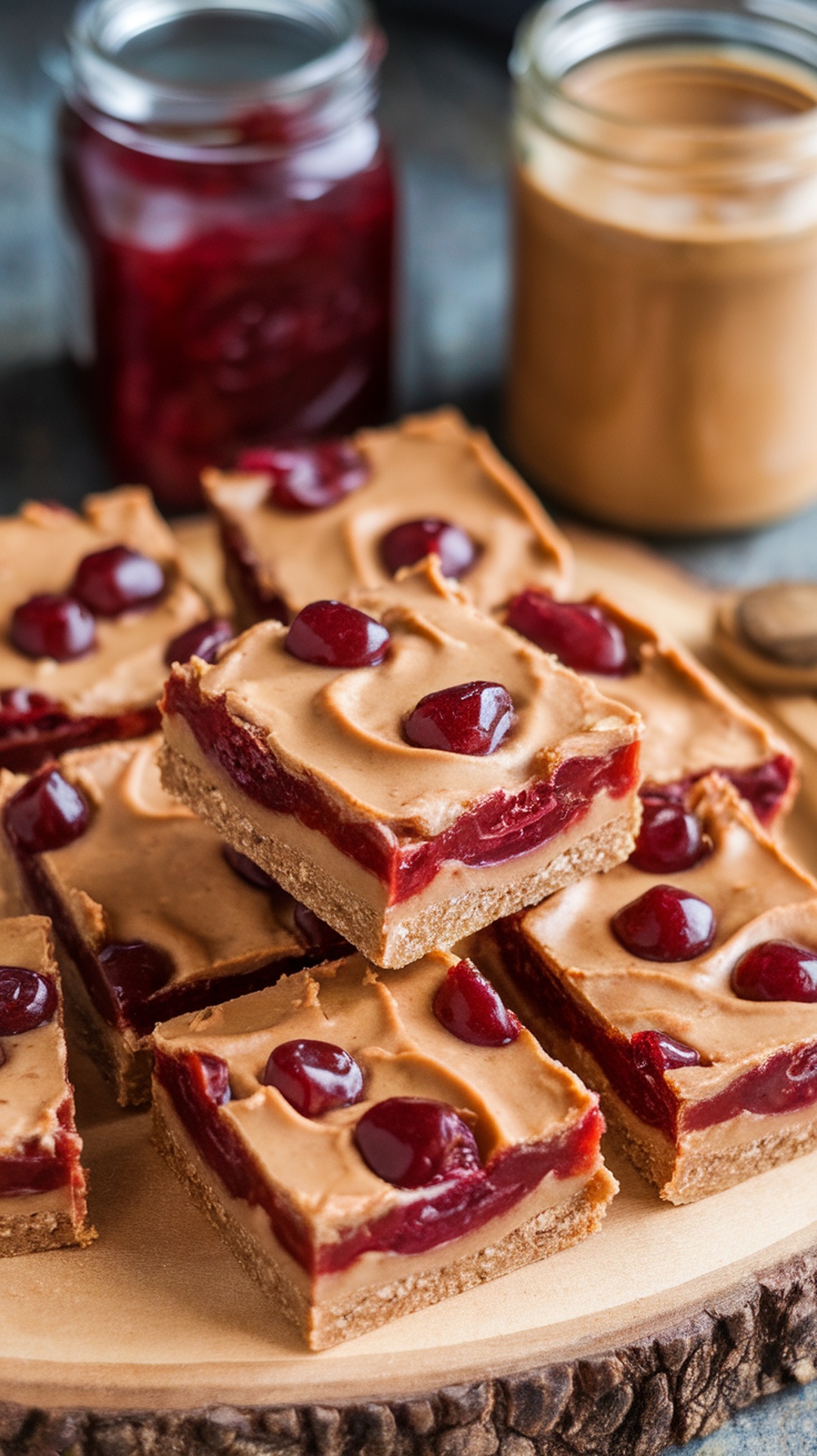 Peanut butter and jelly energy bars stacked on a wooden board with jars of jelly and peanut butter in the background.
