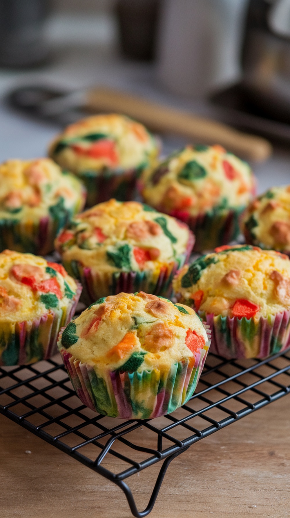 Colorful egg and veggie breakfast muffins on a cooling rack.