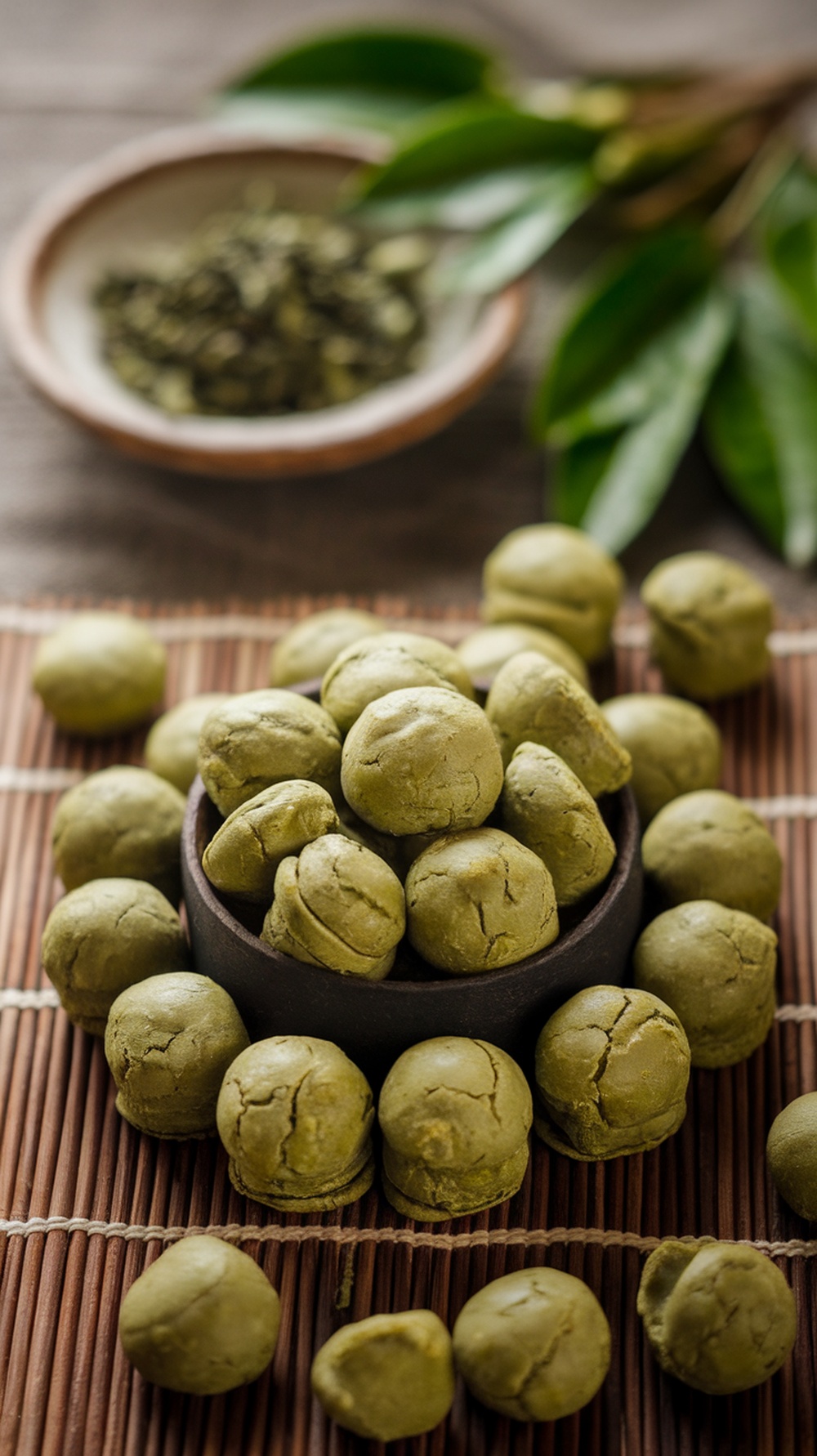 A bowl of matcha green tea protein balls surrounded by loose matcha powder and green tea leaves.