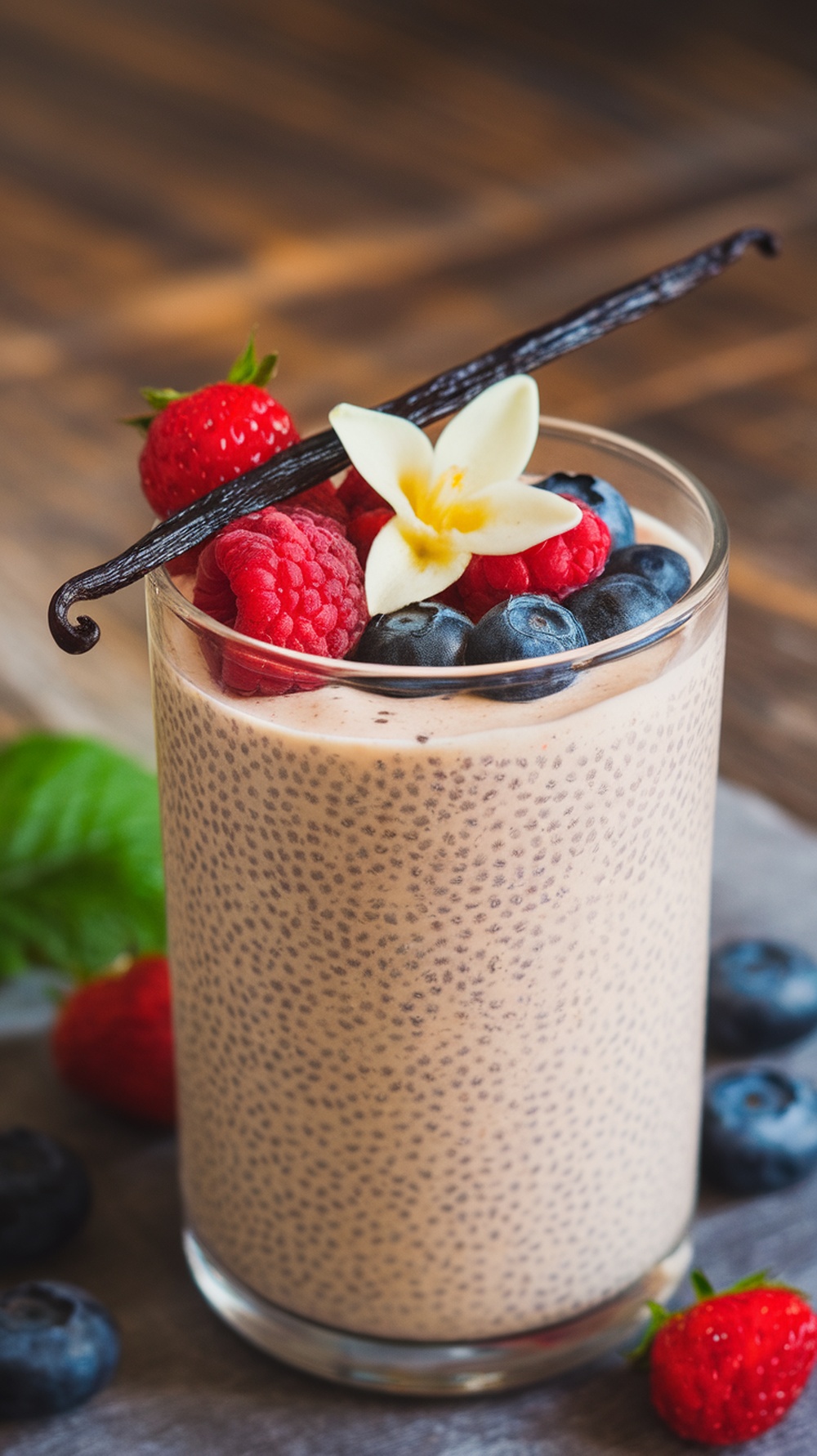 A delicious vanilla chia seed protein shake topped with fresh berries and a vanilla bean.