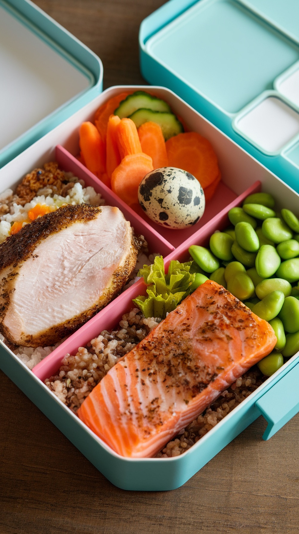 A colorful bento box filled with grilled salmon, chicken, quinoa, edamame, carrots, cucumbers, and a quail egg.