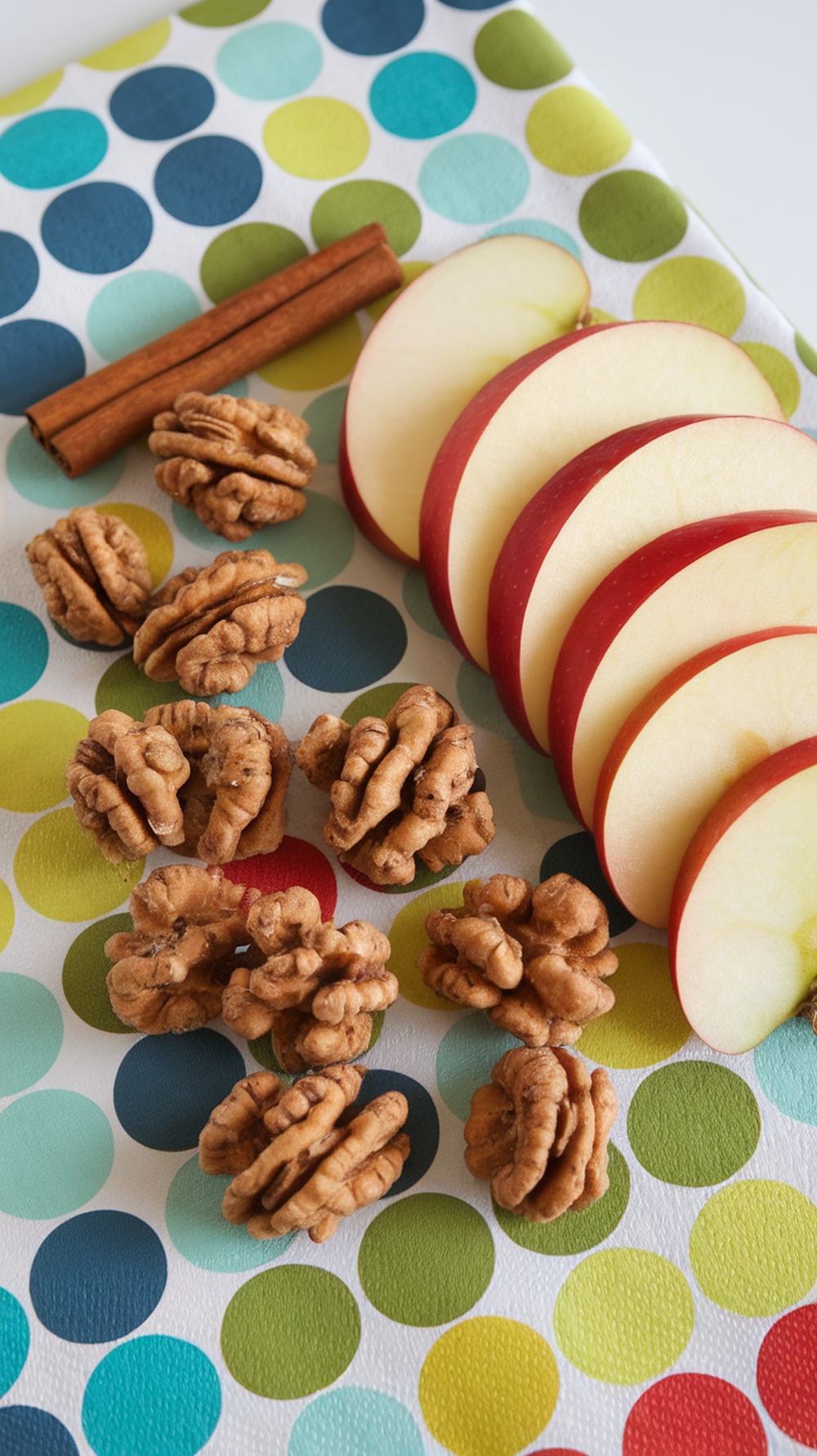 Cinnamon apple nut clusters with apple slices and cinnamon sticks on a colorful background.