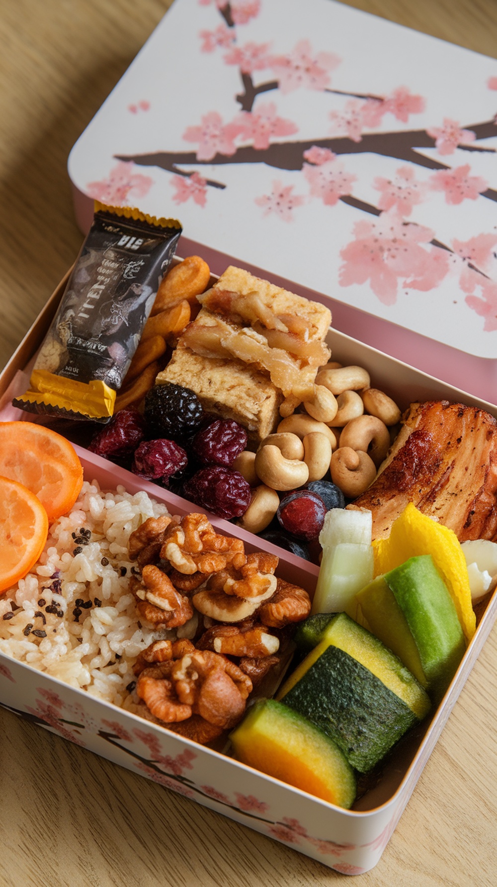 A colorful bento box filled with healthy snacks including fruits, nuts, and a protein bar.