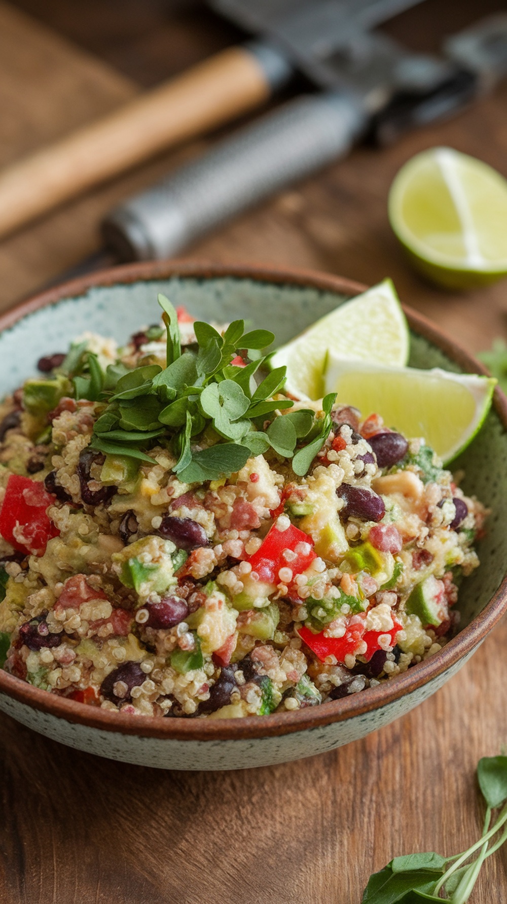 A bowl of quinoa and black bean salad with fresh vegetables and lime.