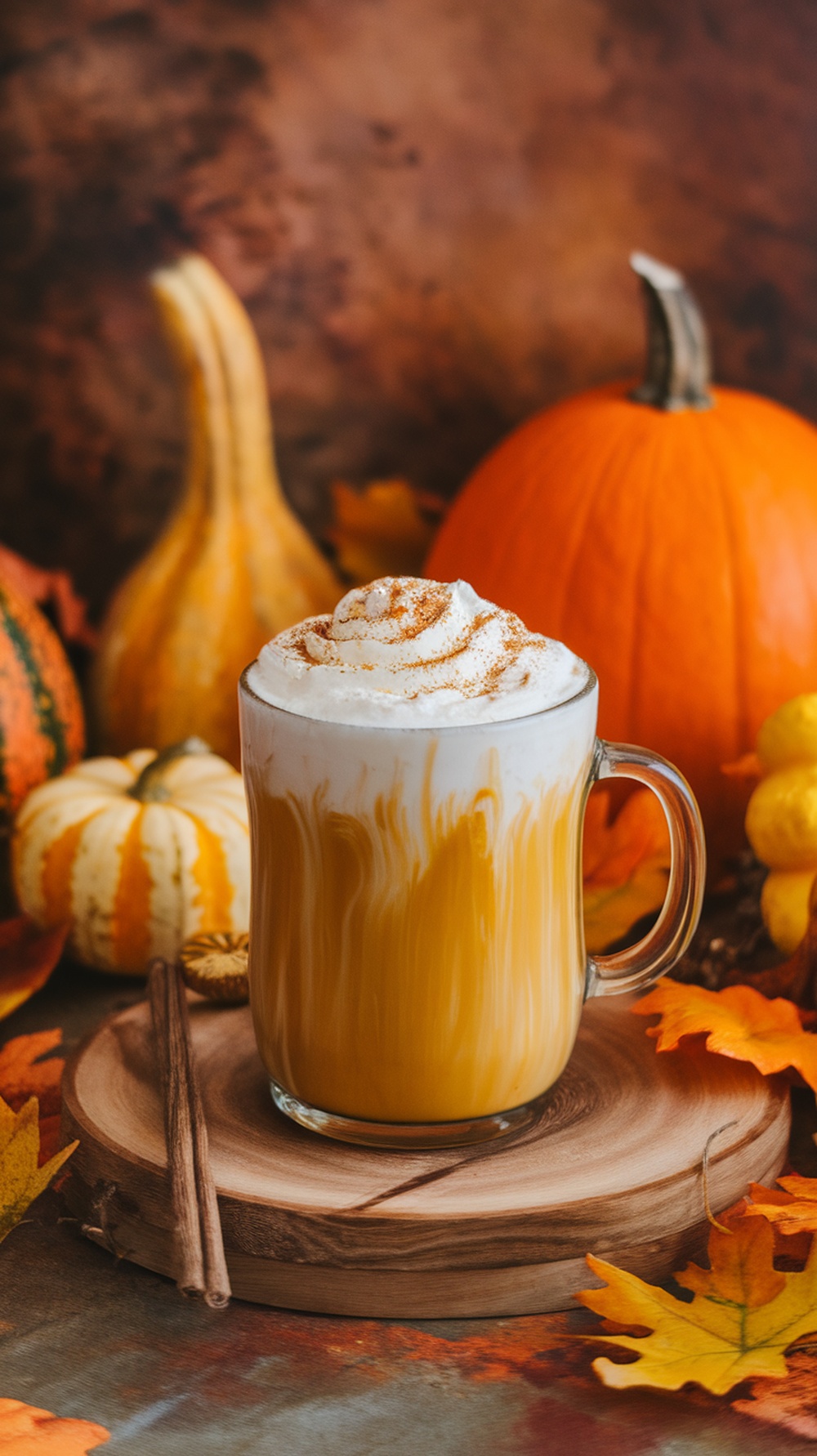 A spiced pumpkin protein latte topped with whipped cream and cinnamon, surrounded by pumpkins and autumn leaves.