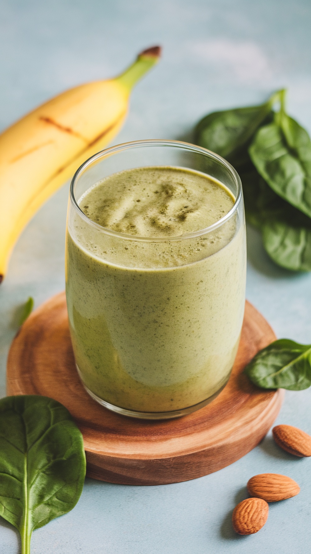 A green smoothie made with spinach and banana, served in a glass with almonds and spinach leaves beside it.