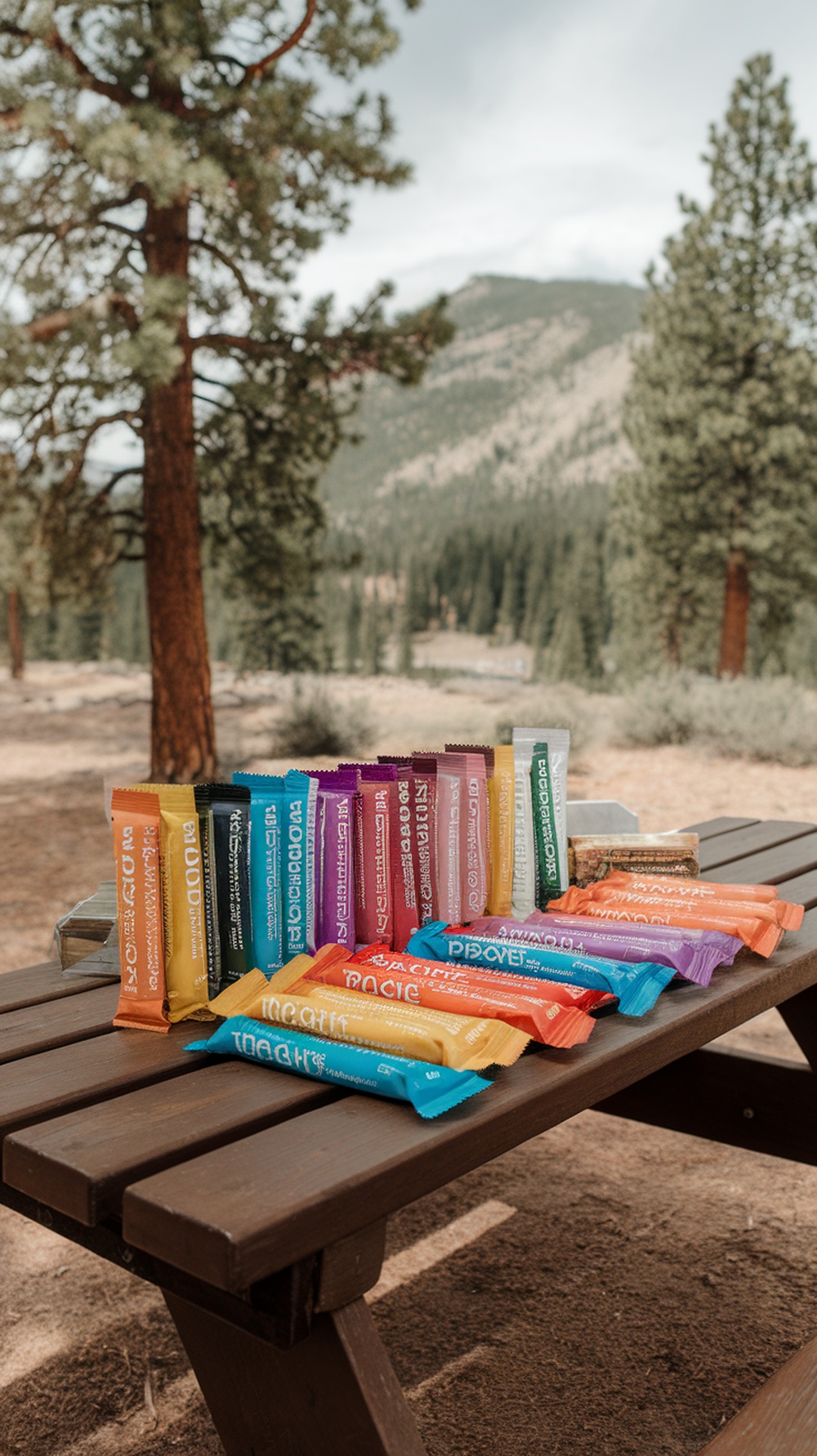 A variety of colorful plant-based protein bars arranged on a wooden table in a natural setting.