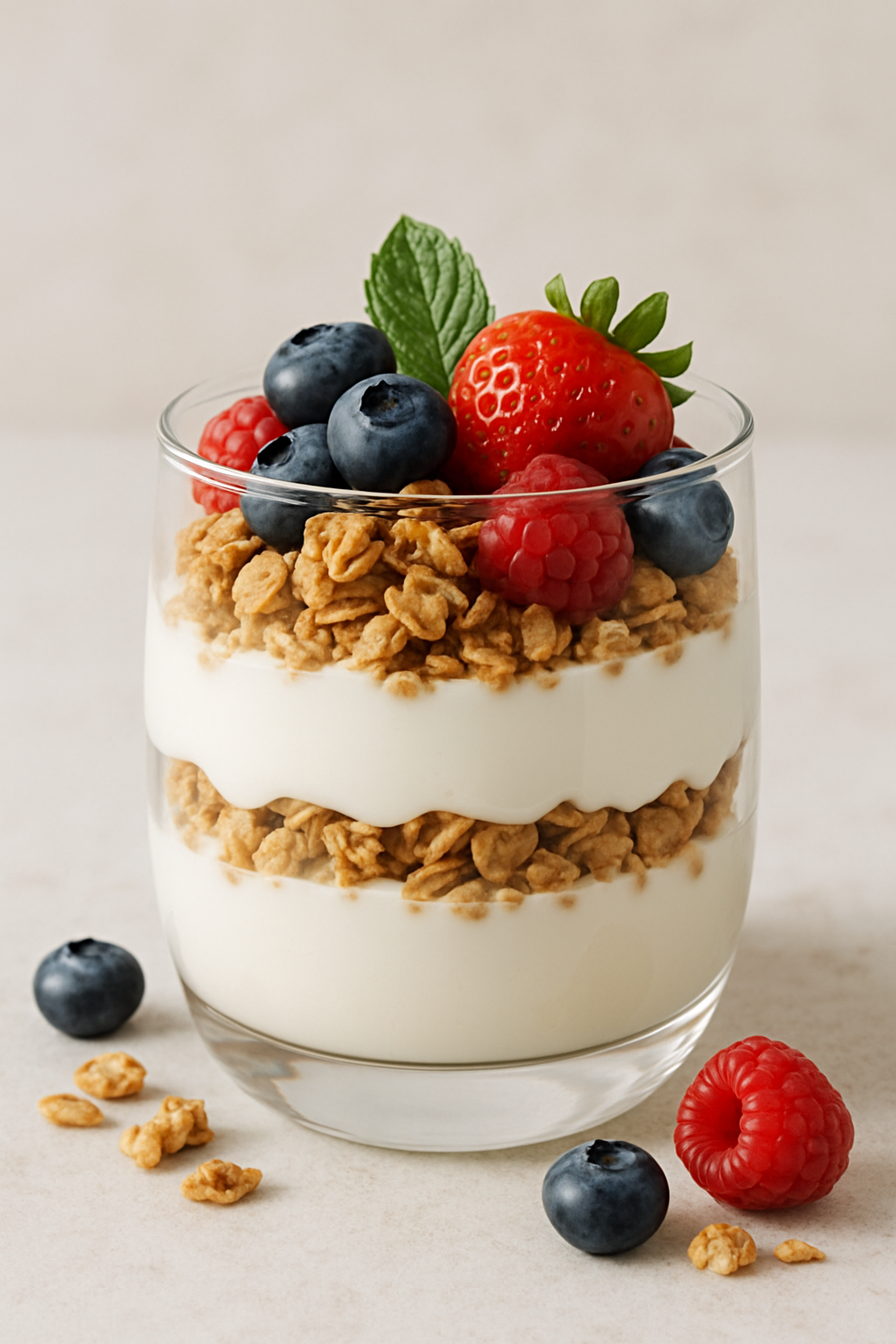 A delicious Greek yogurt parfait with layers of yogurt, granola, and fresh berries.