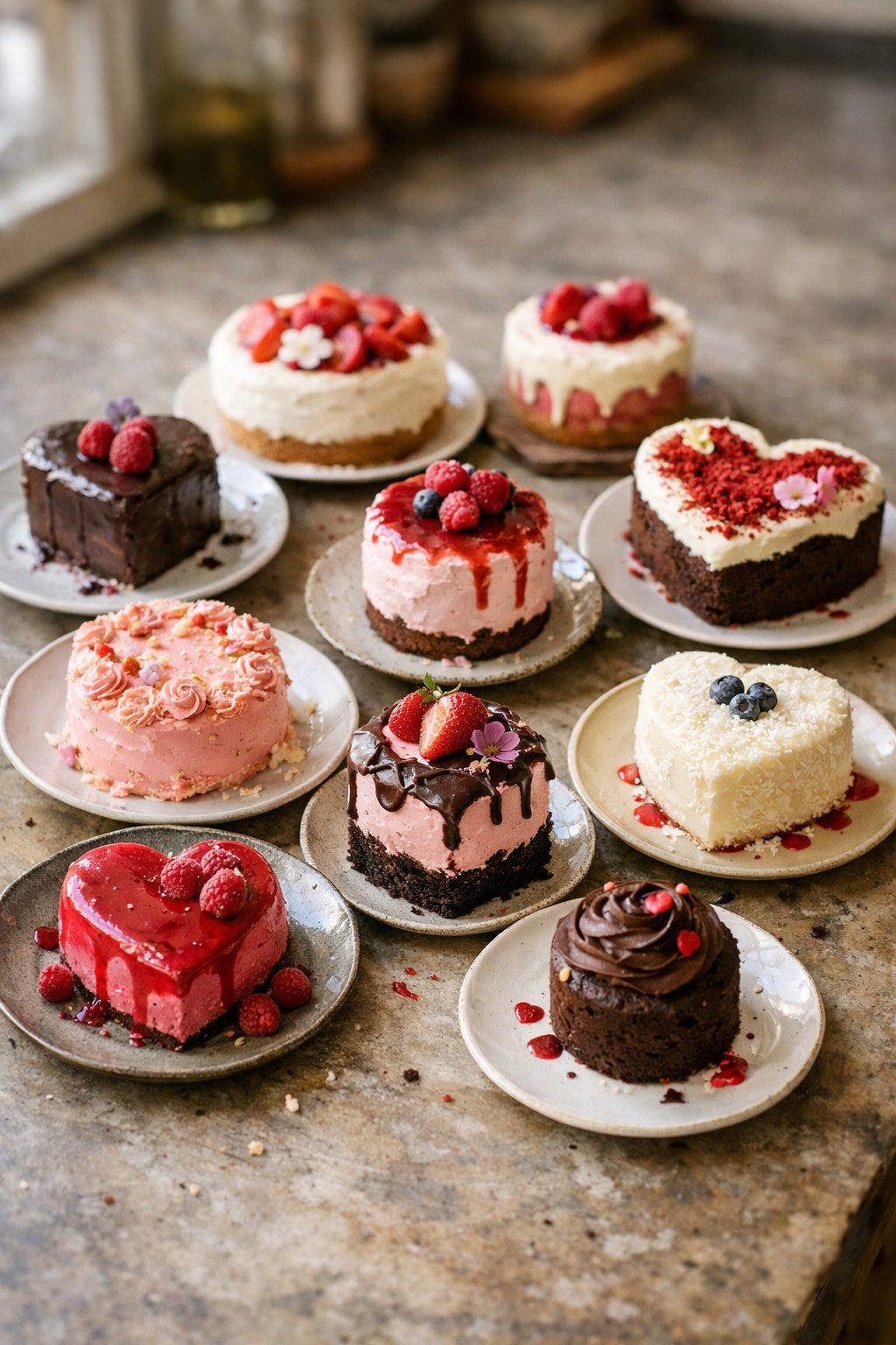 Ten Valentine's Day cakes arranged on a worn wooden or stone surface in a home kitchen, with natural light and visible small imperfections like crumbs and uneven frosting.